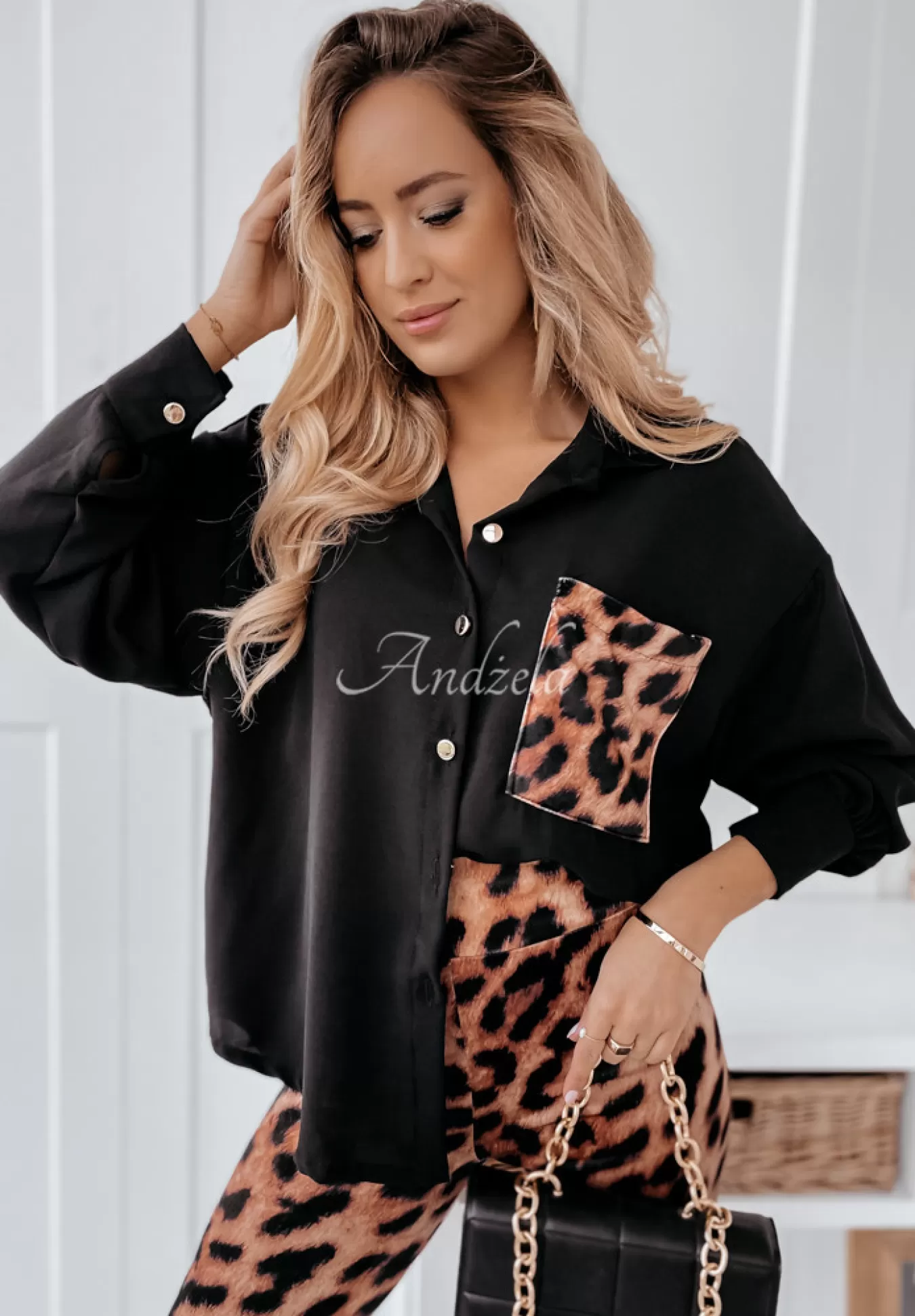 Best Asymetryczna Koszula Oversize Z Kieszenia W Panterke Shantala Czarna Kobieta Koszule