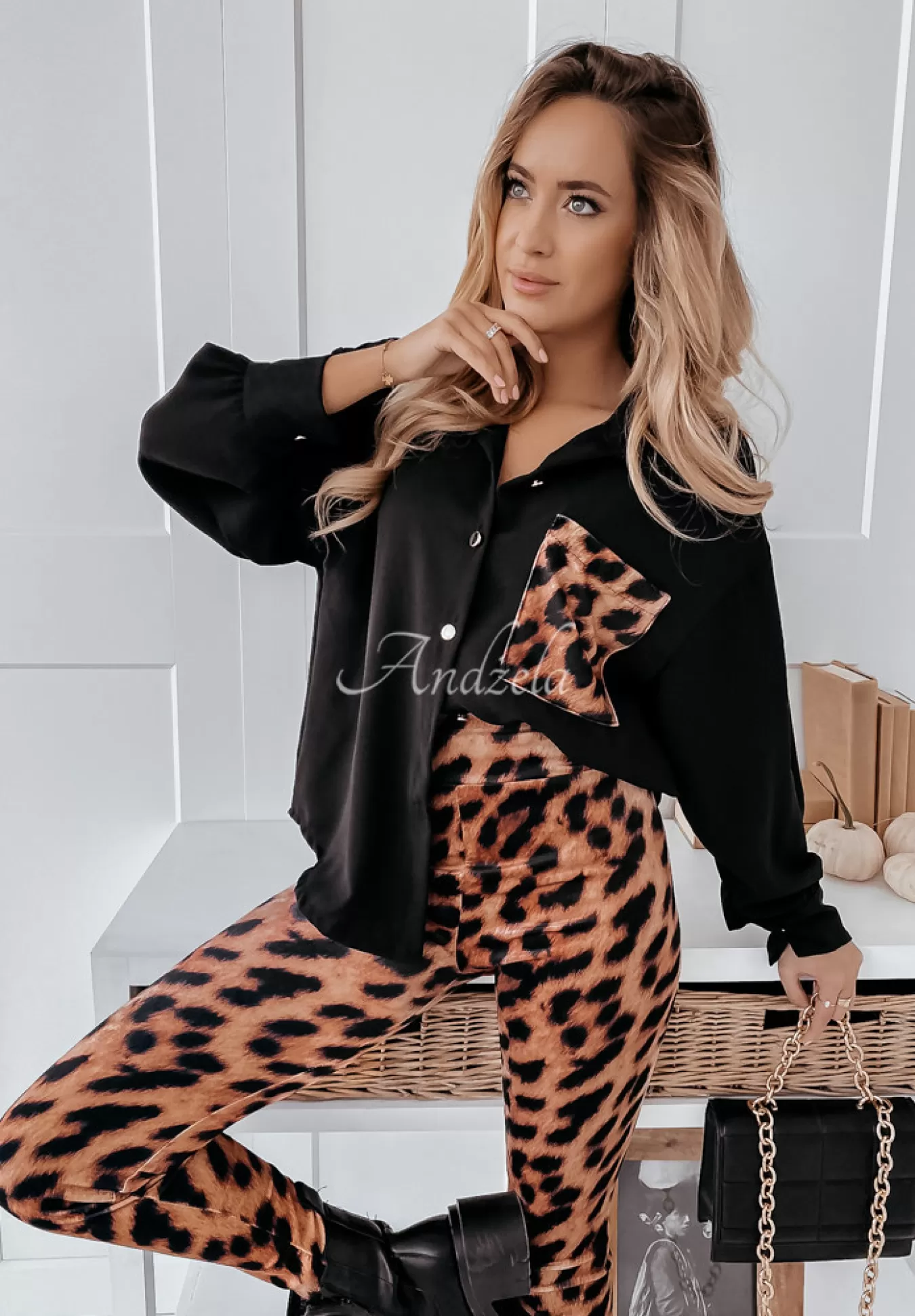 Best Asymetryczna Koszula Oversize Z Kieszenia W Panterke Shantala Czarna Kobieta Koszule