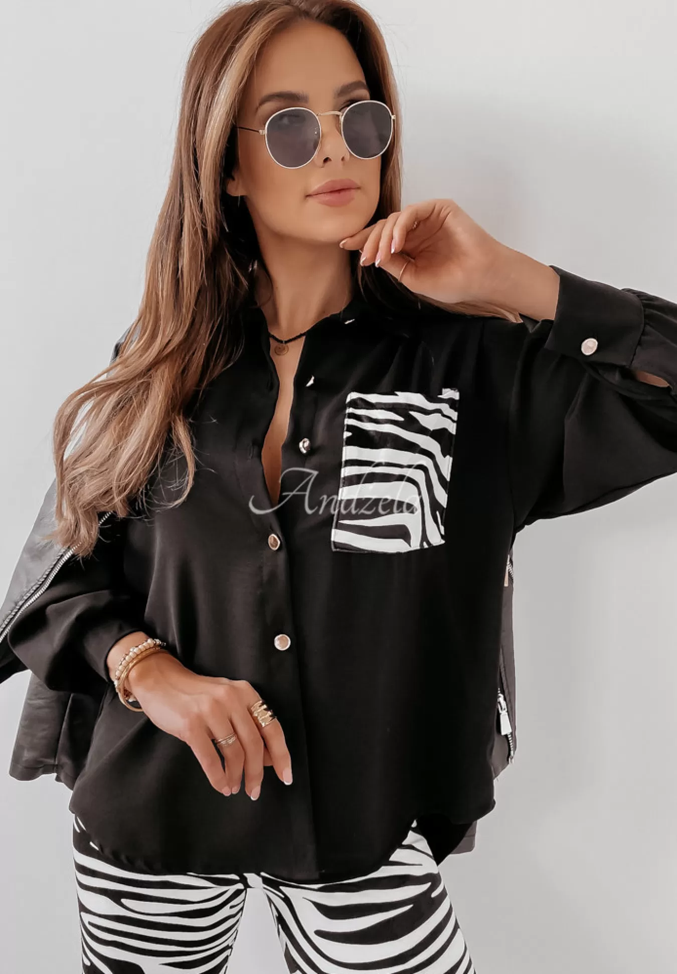 Sale Asymetryczna Koszula Oversize Z Kieszenia W Zebre Shantala Czarna Kobieta Koszule