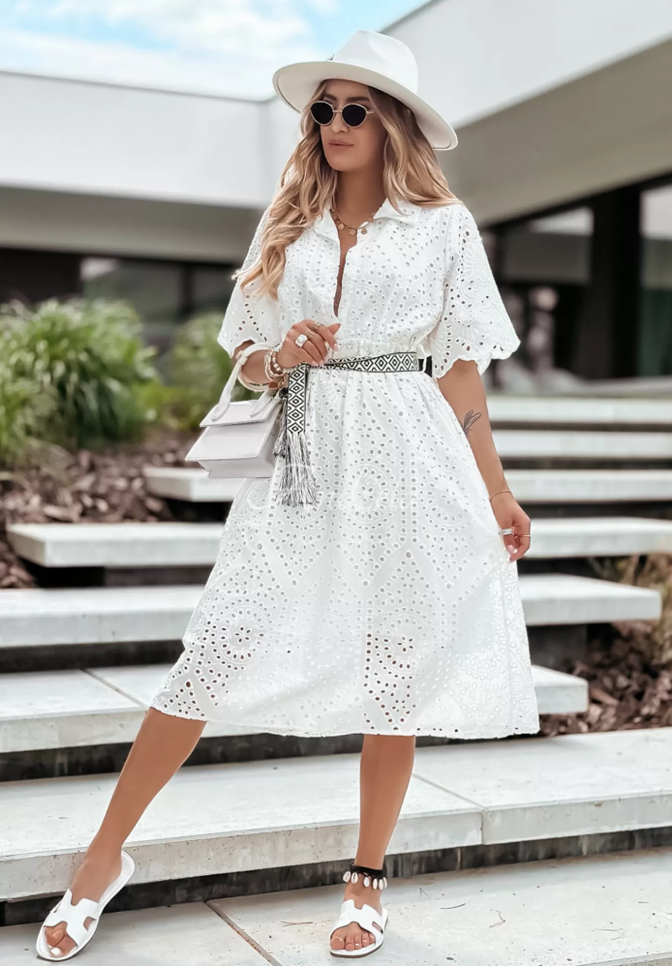 Fashion Azurowa Sukienka Midi Z Paskiem Boho Beach Is Calling Ecru Kobieta Sukienki