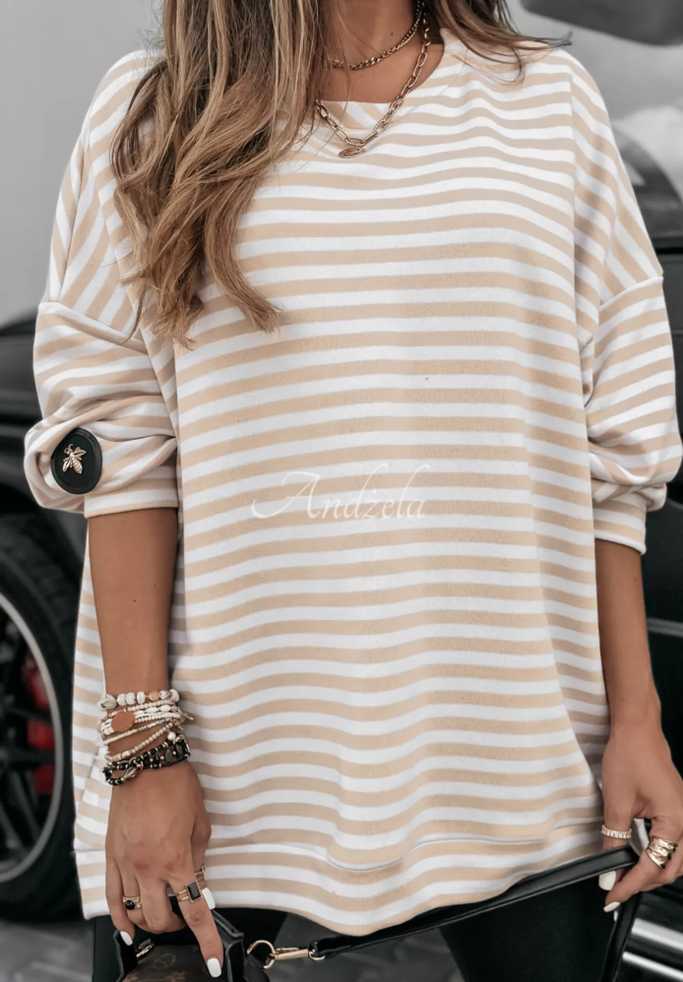 Discount Bluza Oversize W Paski Stripes All The Ultimate Bialo-Bezowa Kobieta Bluzy