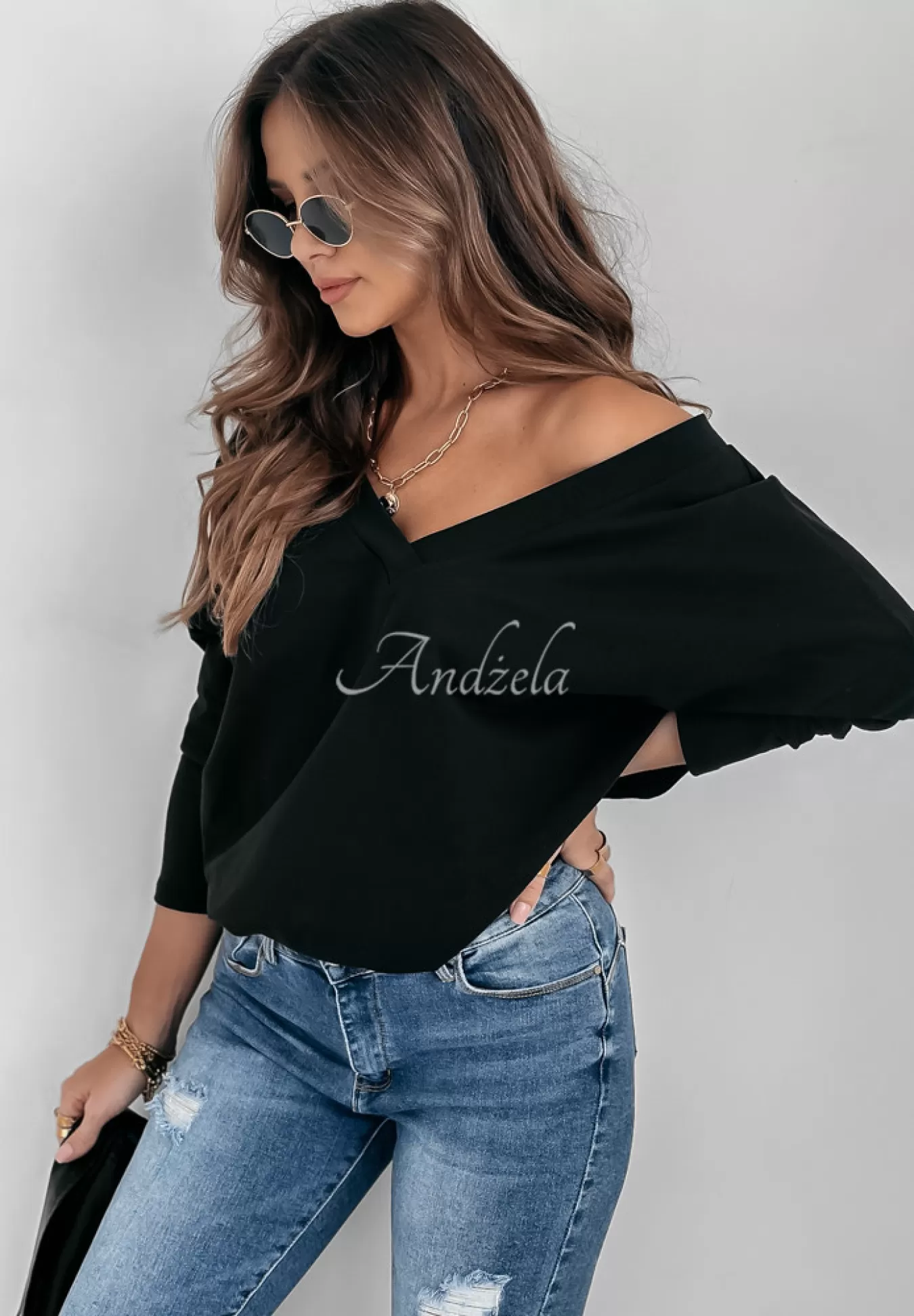 Best Sale Bluzka Oversize Z Dekoltem The Base Czarna Kobieta Bluzki