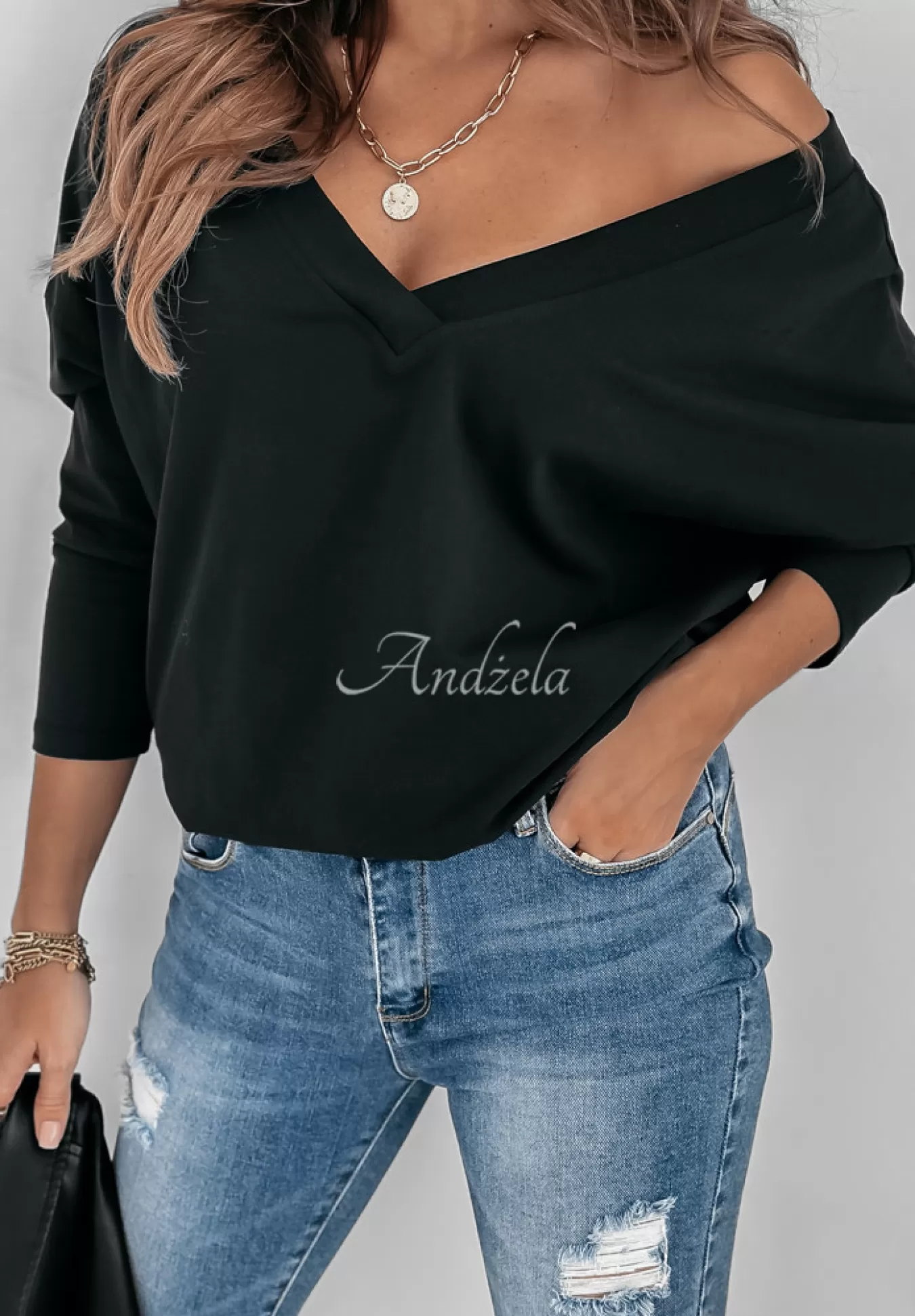 Best Sale Bluzka Oversize Z Dekoltem The Base Czarna Kobieta Bluzki