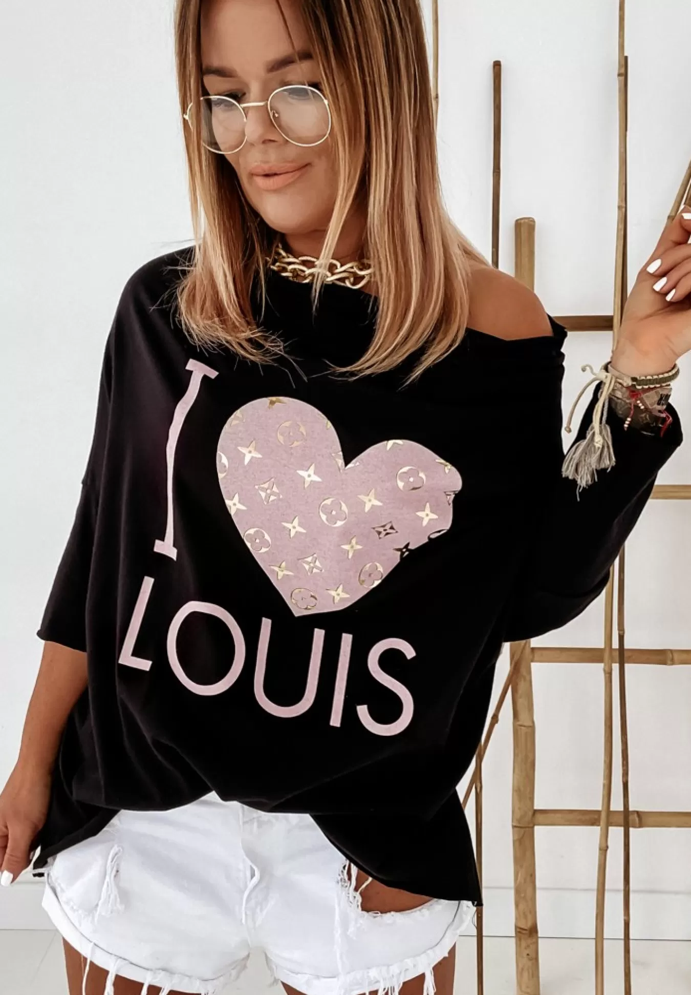 Sale Bluzka Oversize Z Nadrukiem I Love Louis Czarna Kobieta Bluzki