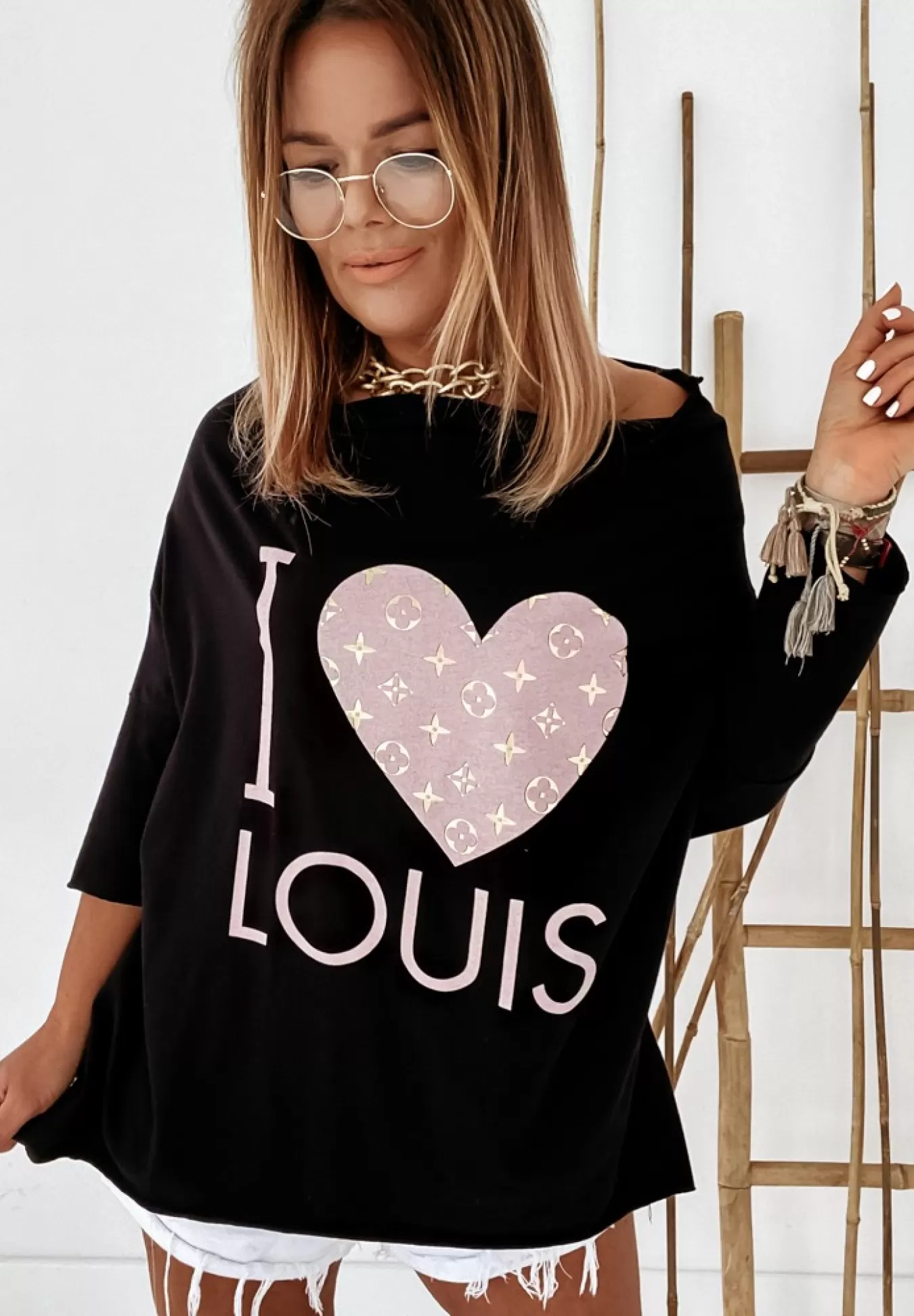 Sale Bluzka Oversize Z Nadrukiem I Love Louis Czarna Kobieta Bluzki