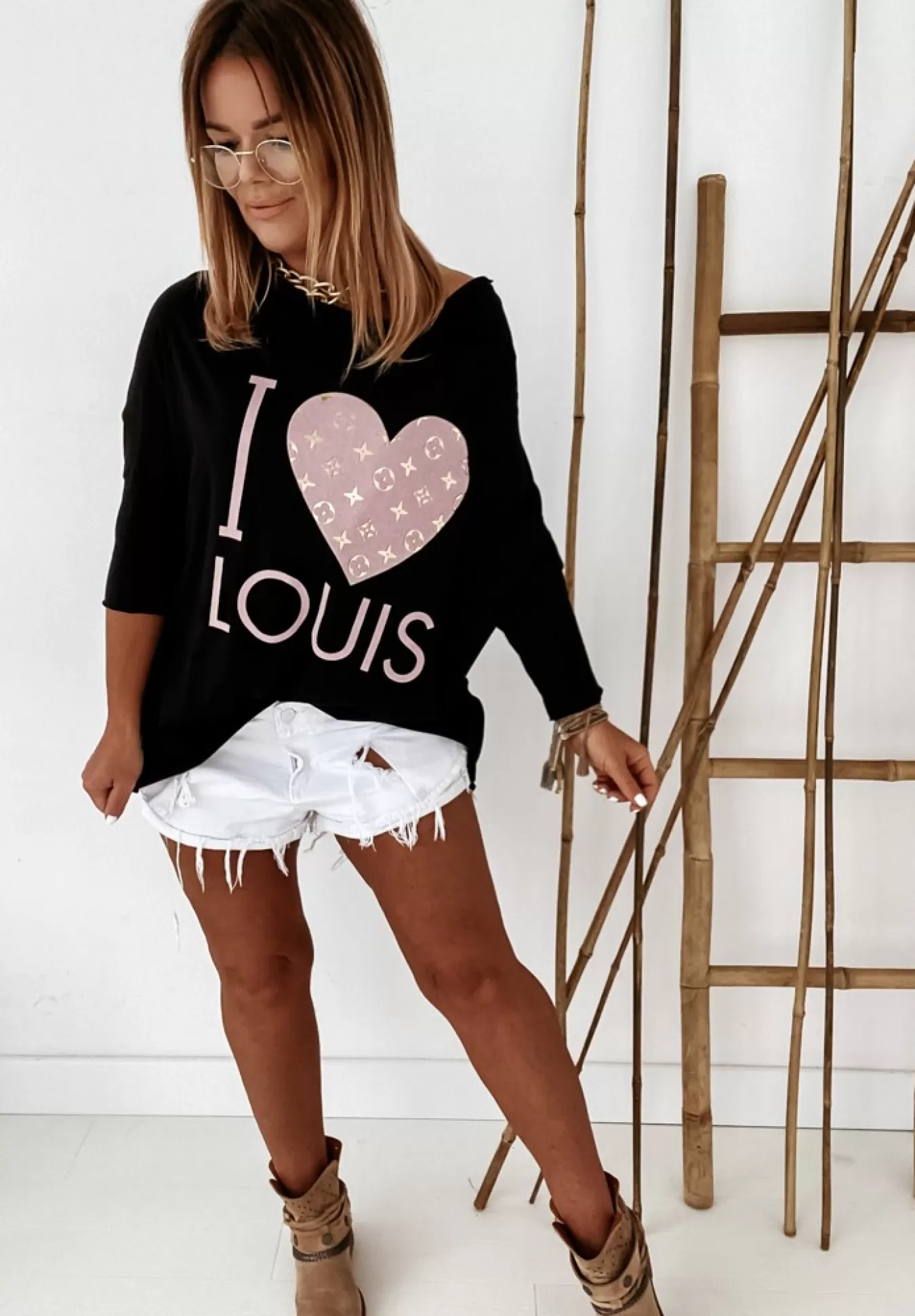 Sale Bluzka Oversize Z Nadrukiem I Love Louis Czarna Kobieta Bluzki