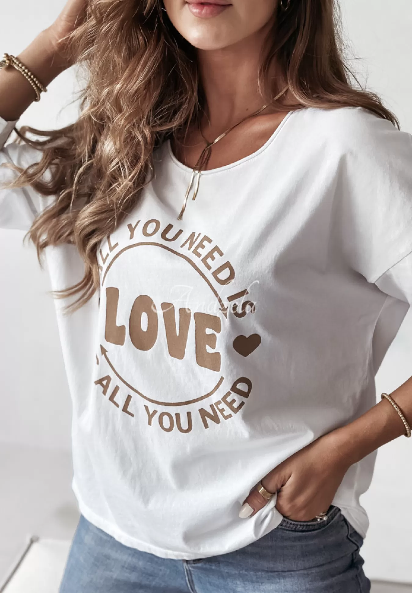 Best Sale Bluzka Z Nadrukiem All You Need Is Love Ecru Kobieta Bluzki