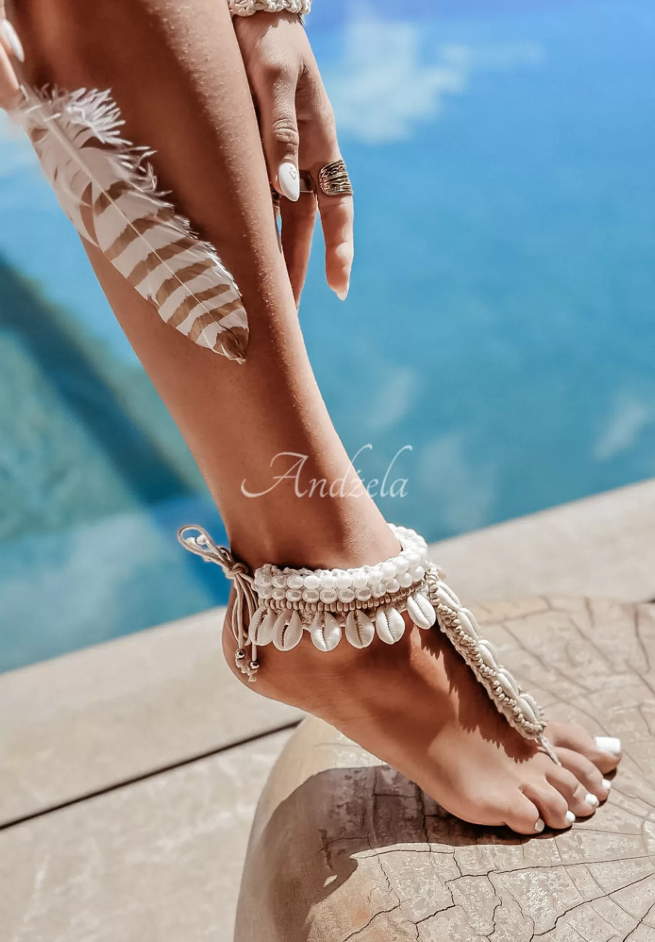Online Bransoletka Na Kostke Z Perelkami I Muszelkami Hand Made Bali Jasnobezowa Kobieta Biżuteria