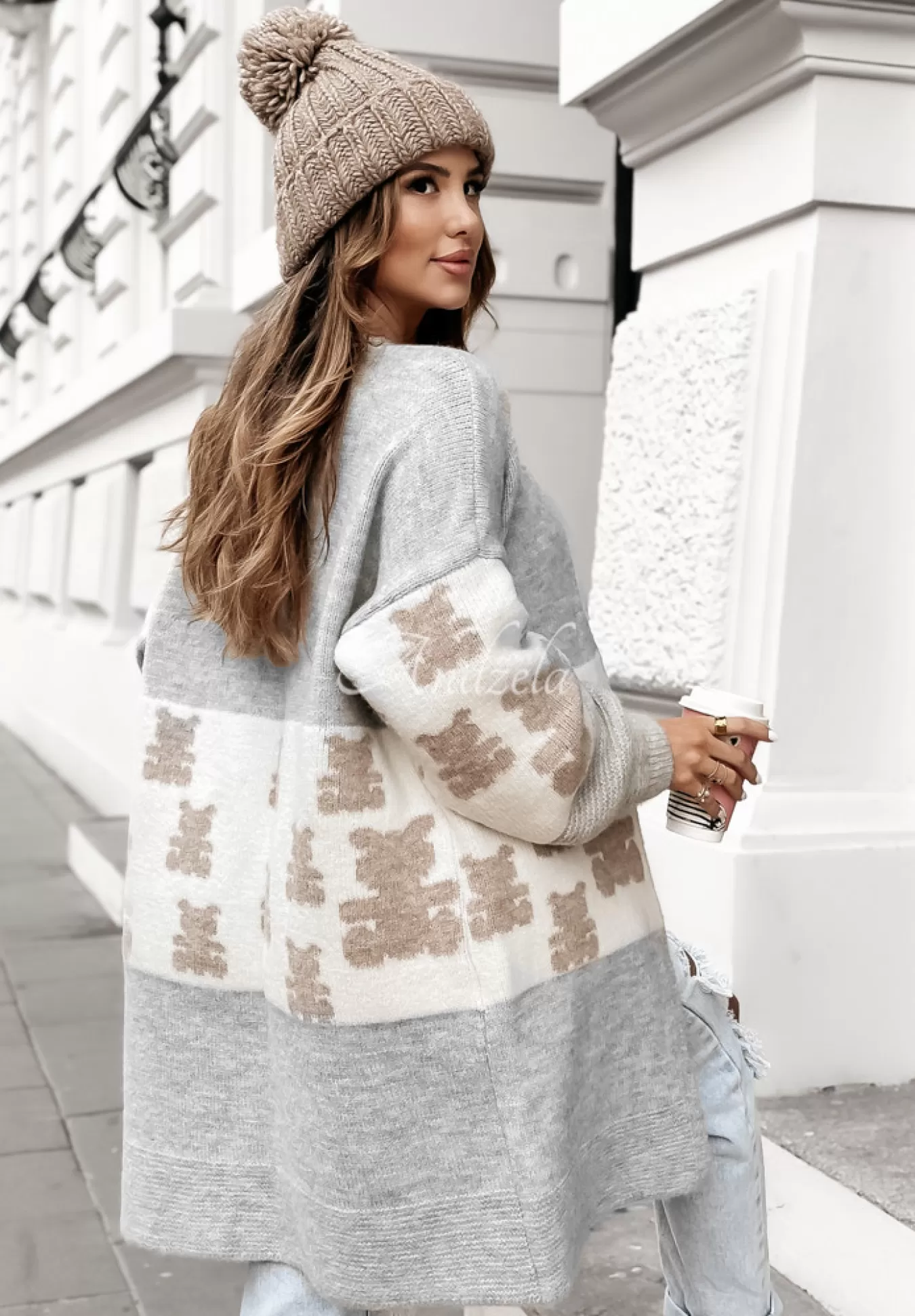 Best Sale Dlugi Kardigan Oversize W Misie Teddy Lover Szary Kobieta Kardigany