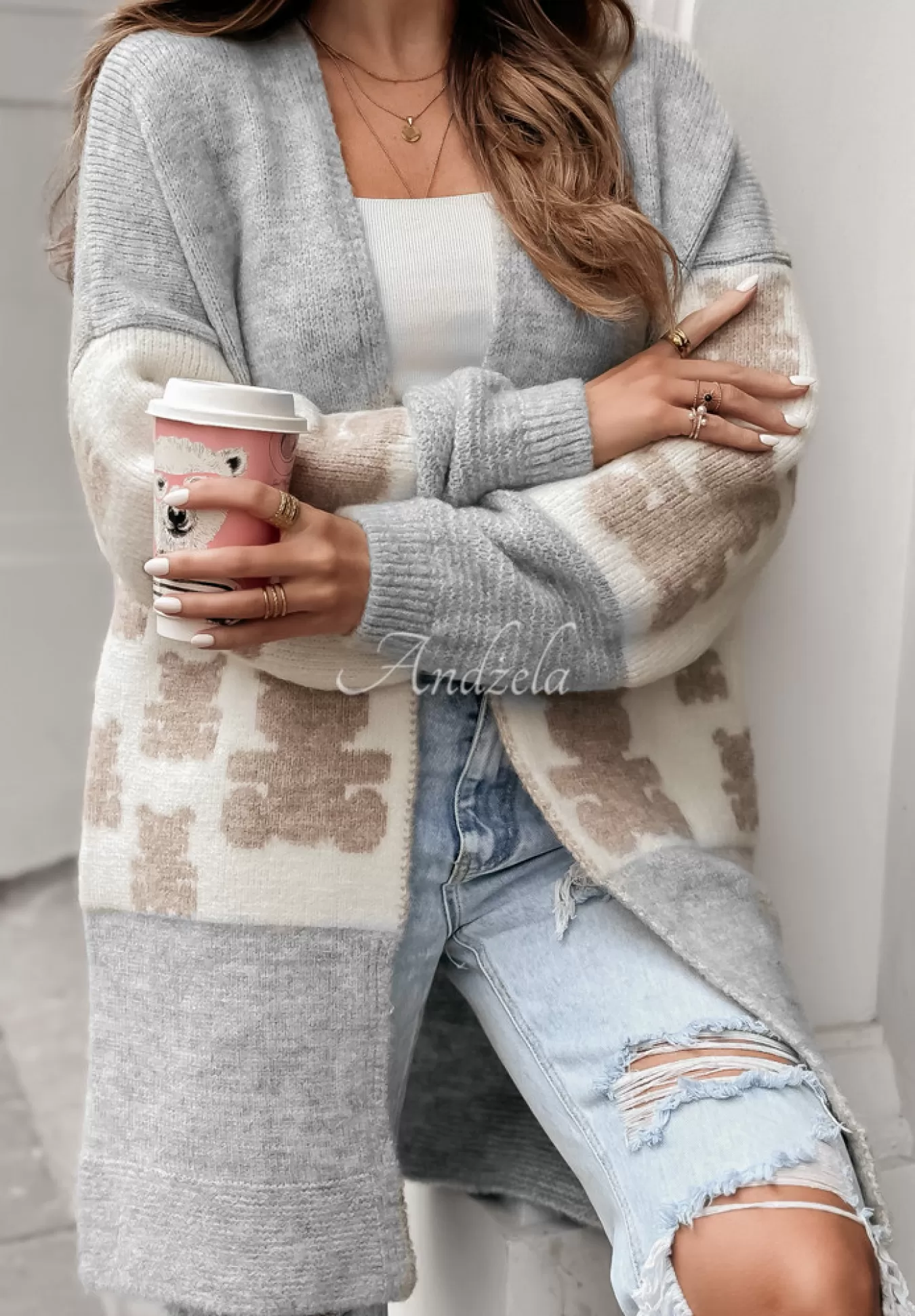 Best Sale Dlugi Kardigan Oversize W Misie Teddy Lover Szary Kobieta Kardigany
