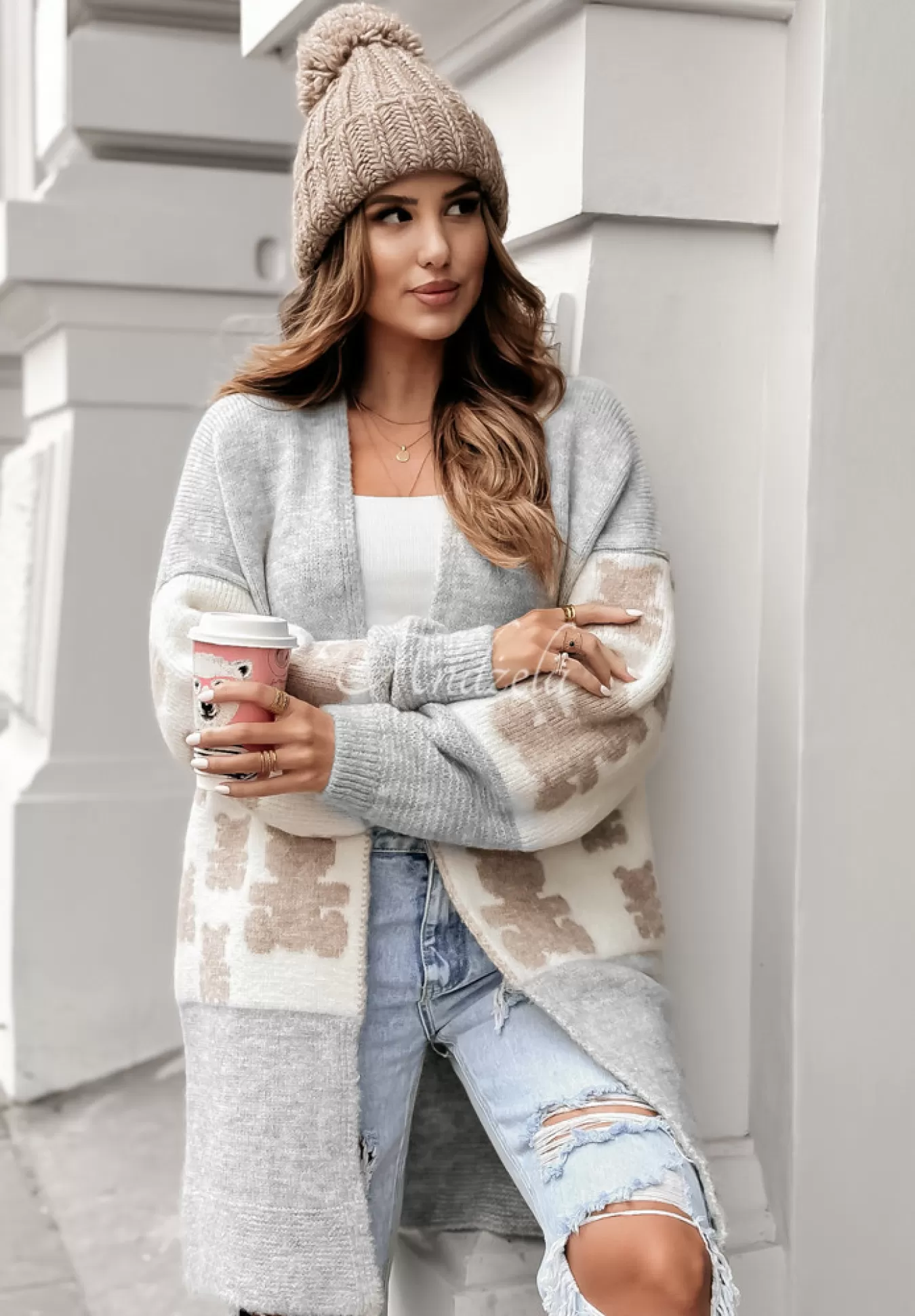 Best Sale Dlugi Kardigan Oversize W Misie Teddy Lover Szary Kobieta Kardigany