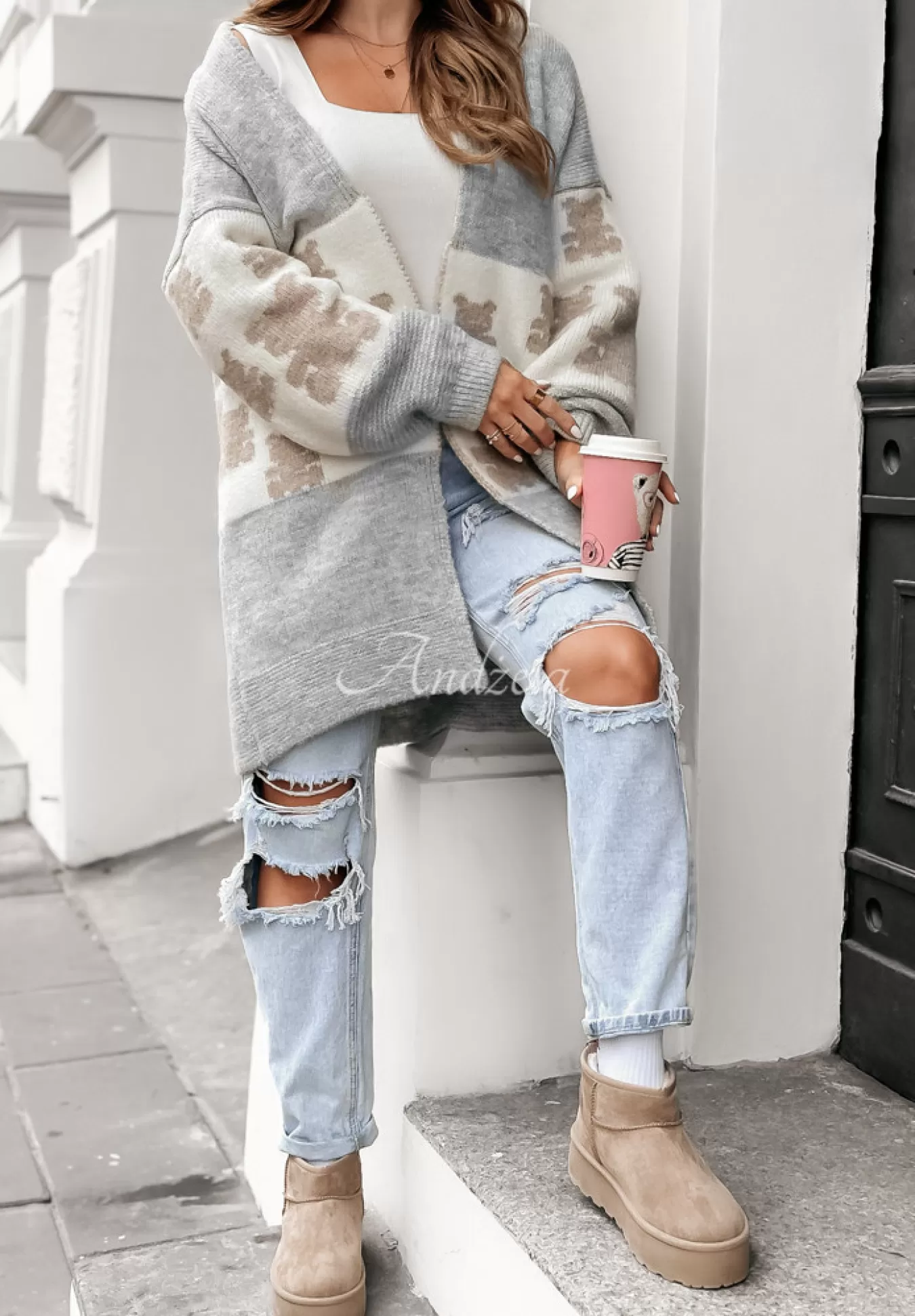 Best Sale Dlugi Kardigan Oversize W Misie Teddy Lover Szary Kobieta Kardigany