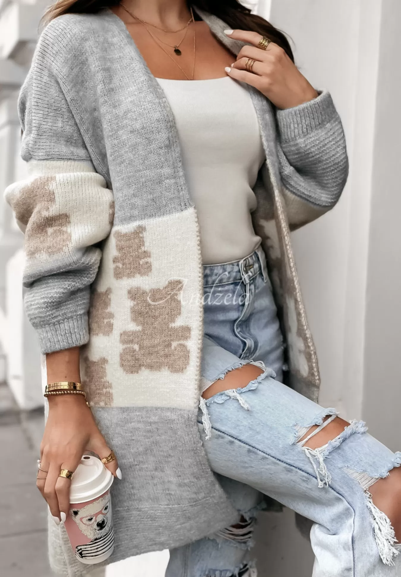 Best Sale Dlugi Kardigan Oversize W Misie Teddy Lover Szary Kobieta Kardigany