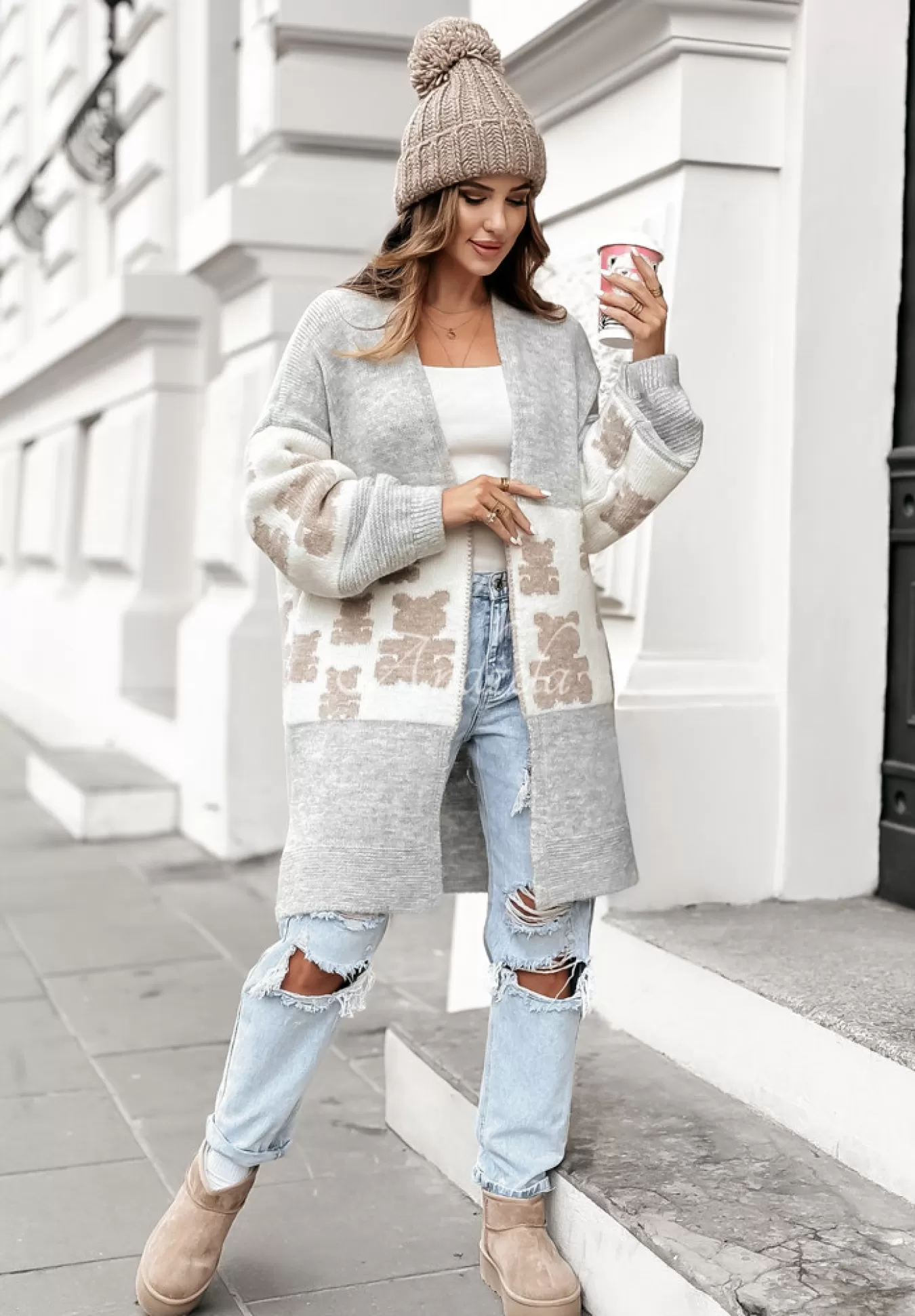 Best Sale Dlugi Kardigan Oversize W Misie Teddy Lover Szary Kobieta Kardigany