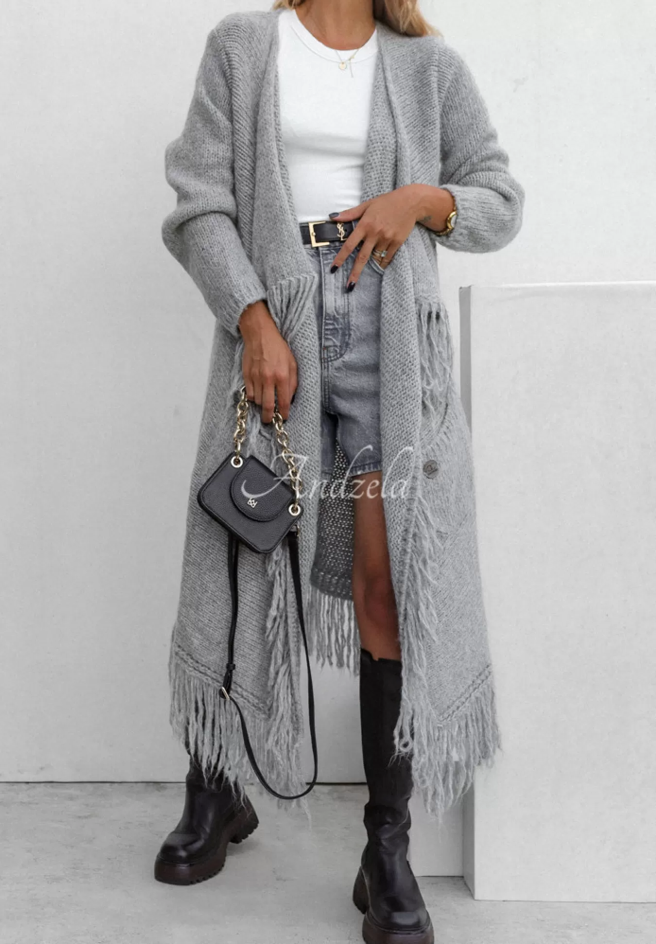 Sale Dlugi Kardigan Oversize Z Fredzlami Cocomore My Soulmate Szary Kobieta Kardigany