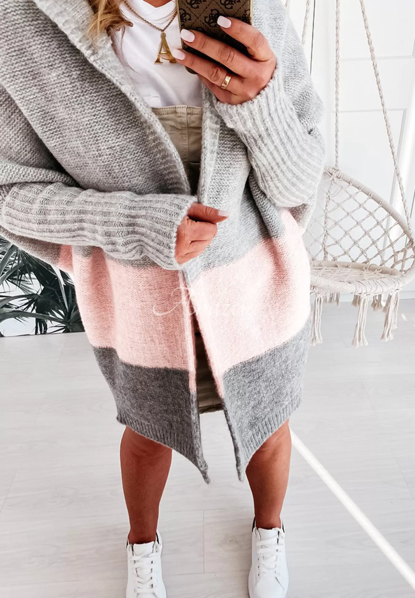 Best Sale Dlugi Kardigan Oversize Z Kapturem Debby Pudrowy Roz Kobieta Kardigany