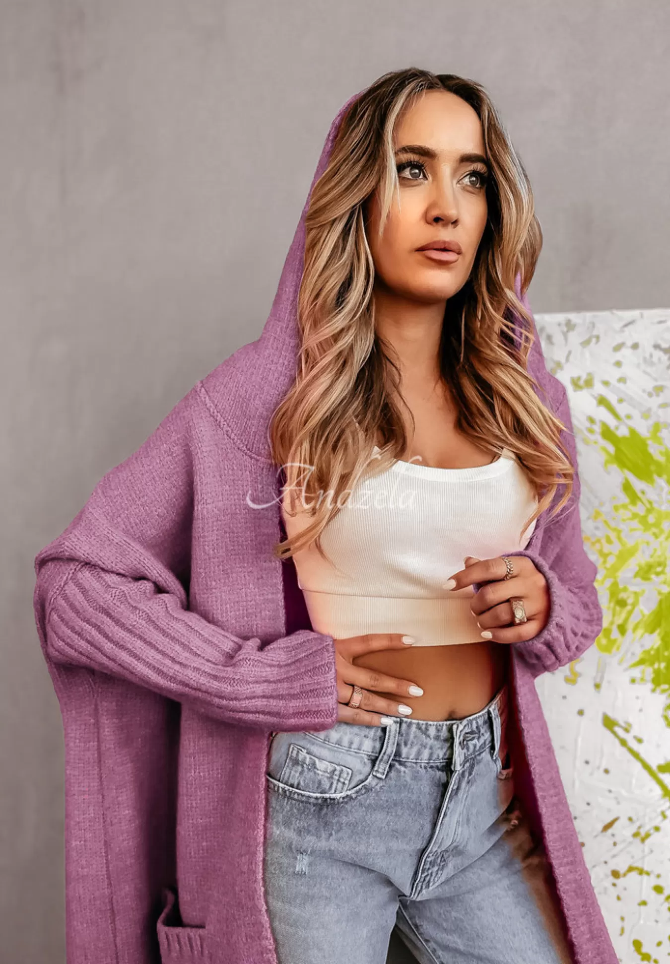 Cheap Dlugi Kardigan Oversize Z Kapturem Simply Live Liliowy Kobieta Kardigany