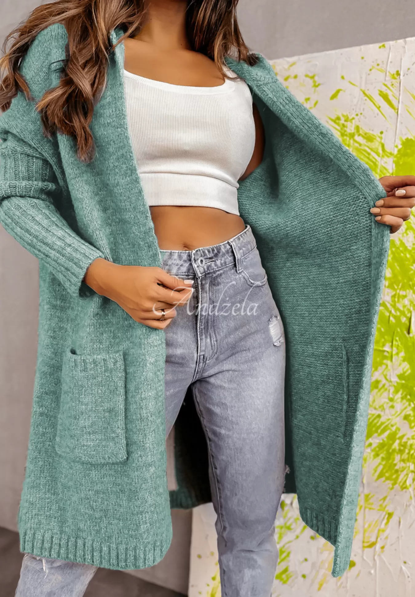 Flash Sale Dlugi Kardigan Oversize Z Kapturem Simply Live Morski Kobieta Kardigany