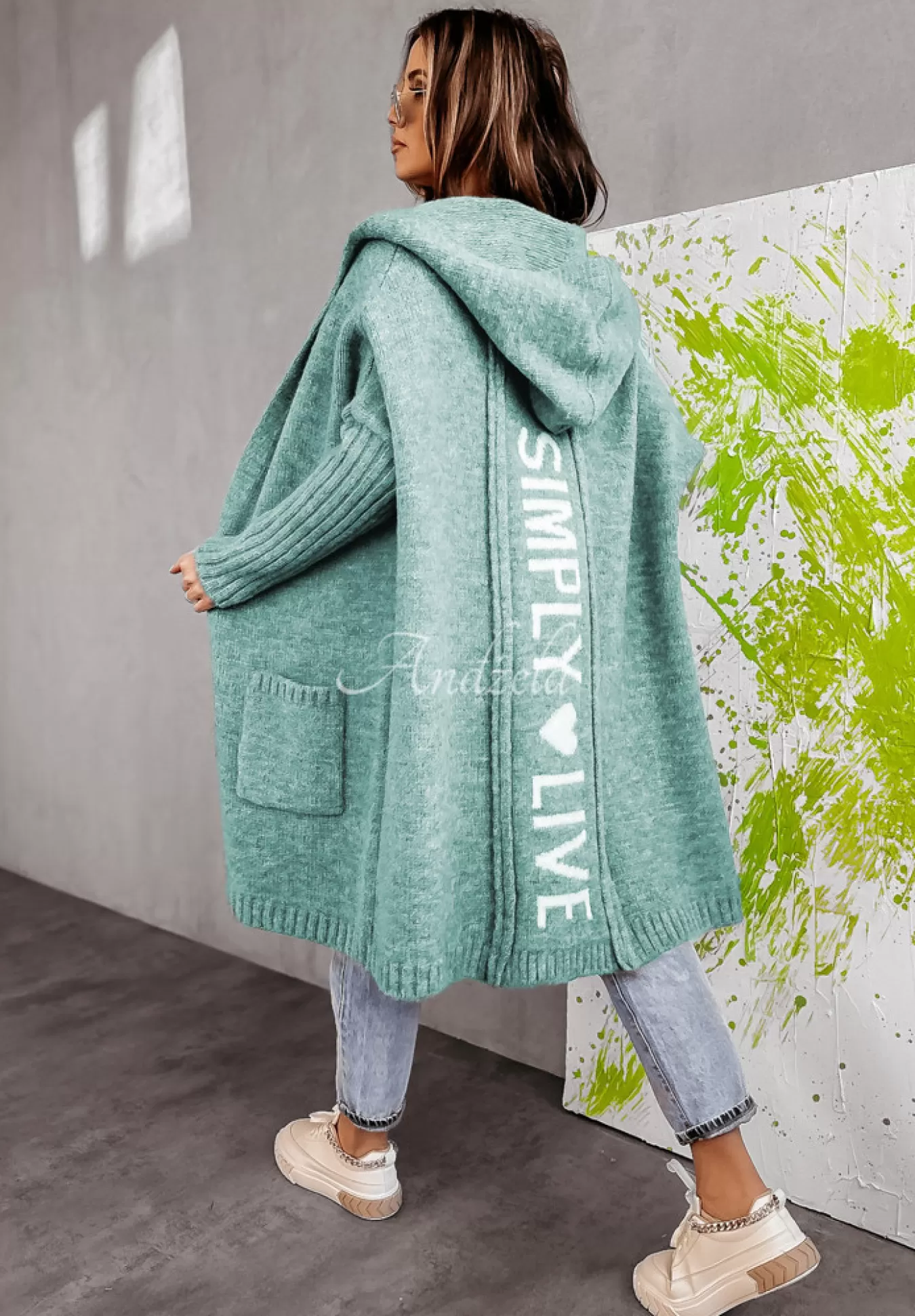 Flash Sale Dlugi Kardigan Oversize Z Kapturem Simply Live Morski Kobieta Kardigany