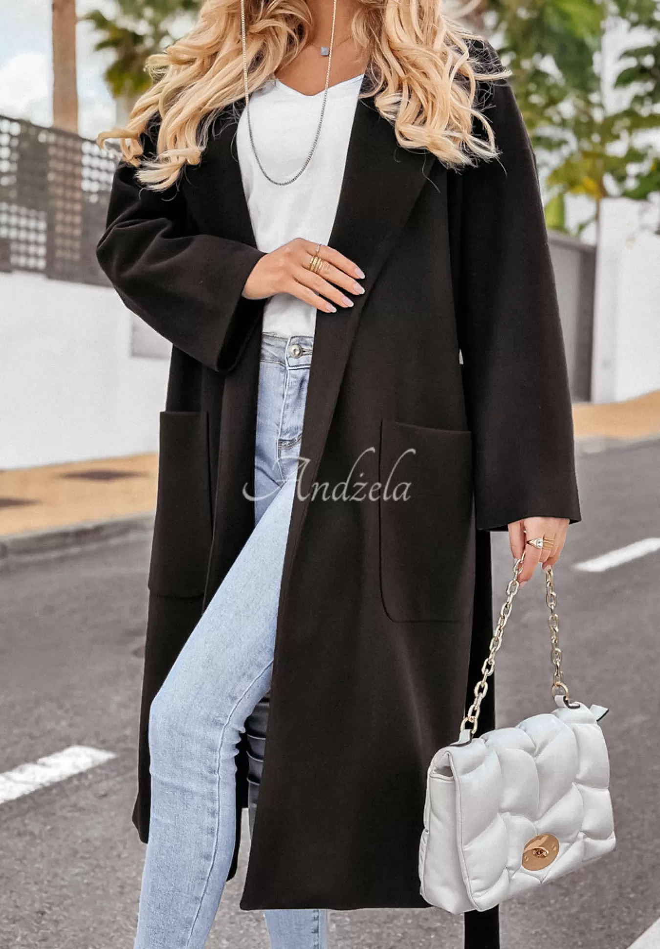Outlet Dlugi Plaszcz Oversize Z Paskiem Less Is More Czarny Kobieta Płaszcze