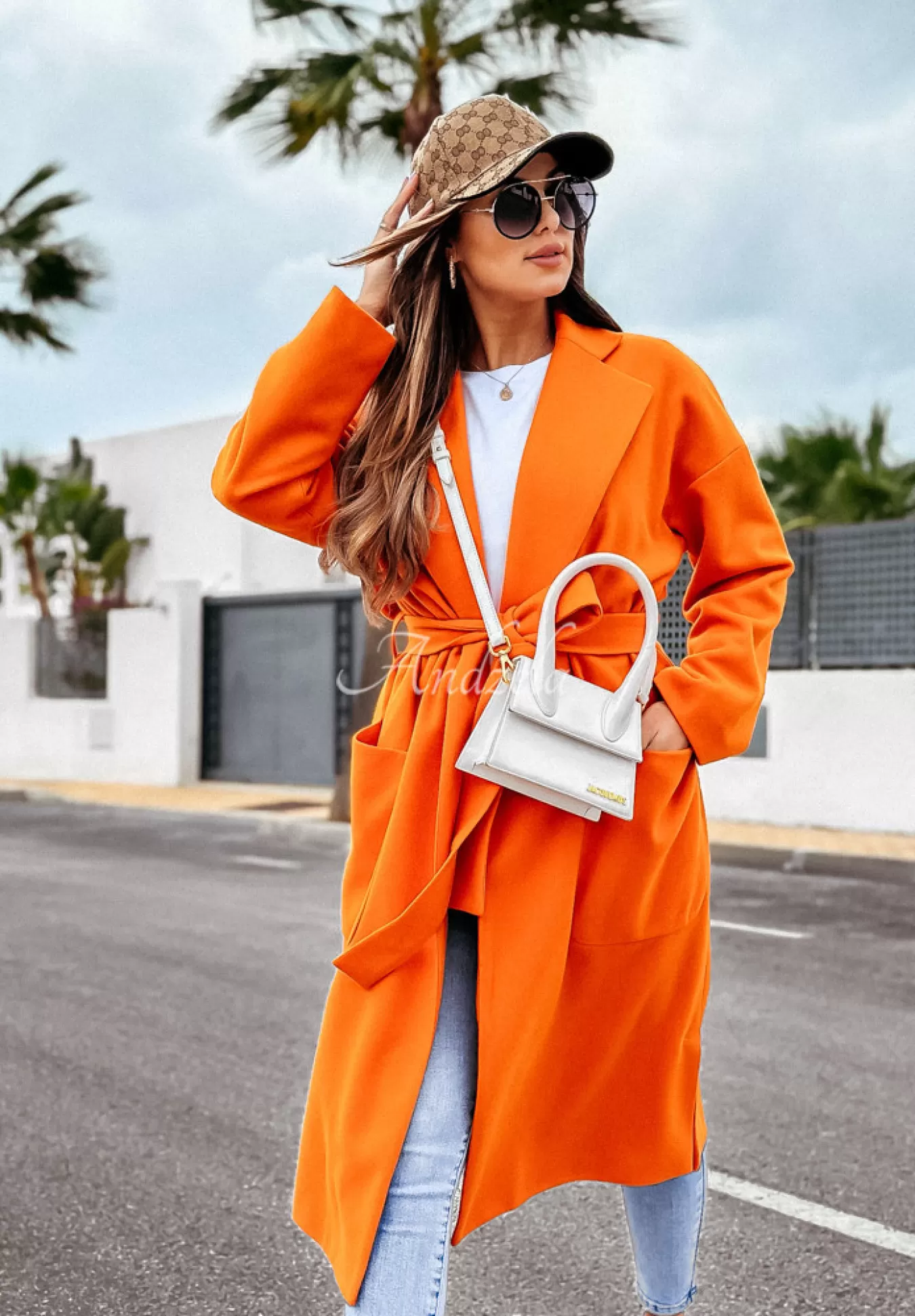 Fashion Dlugi Plaszcz Oversize Z Paskiem Less Is More Pomaranczowy Kobieta Płaszcze