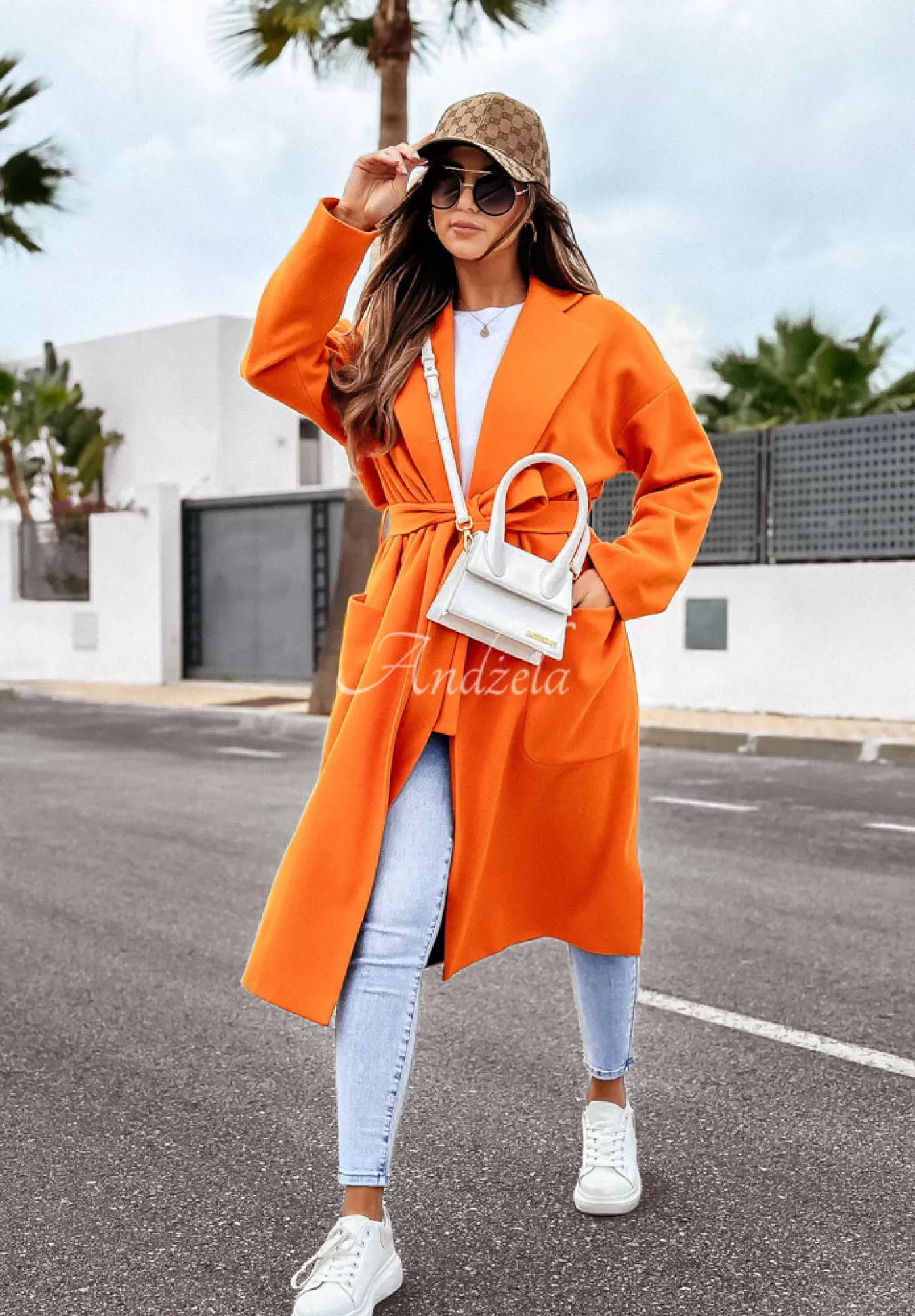 Fashion Dlugi Plaszcz Oversize Z Paskiem Less Is More Pomaranczowy Kobieta Płaszcze