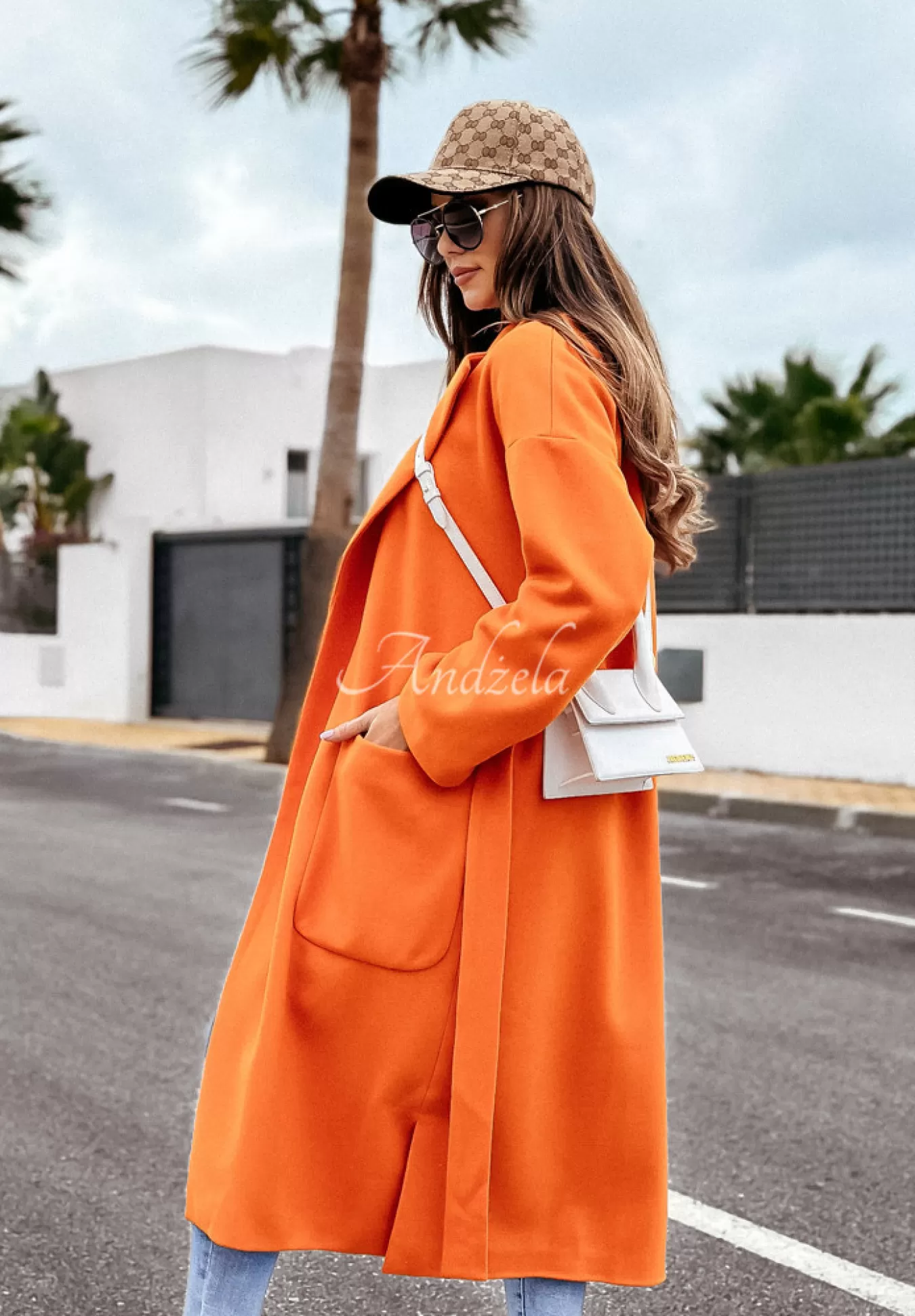Fashion Dlugi Plaszcz Oversize Z Paskiem Less Is More Pomaranczowy Kobieta Płaszcze