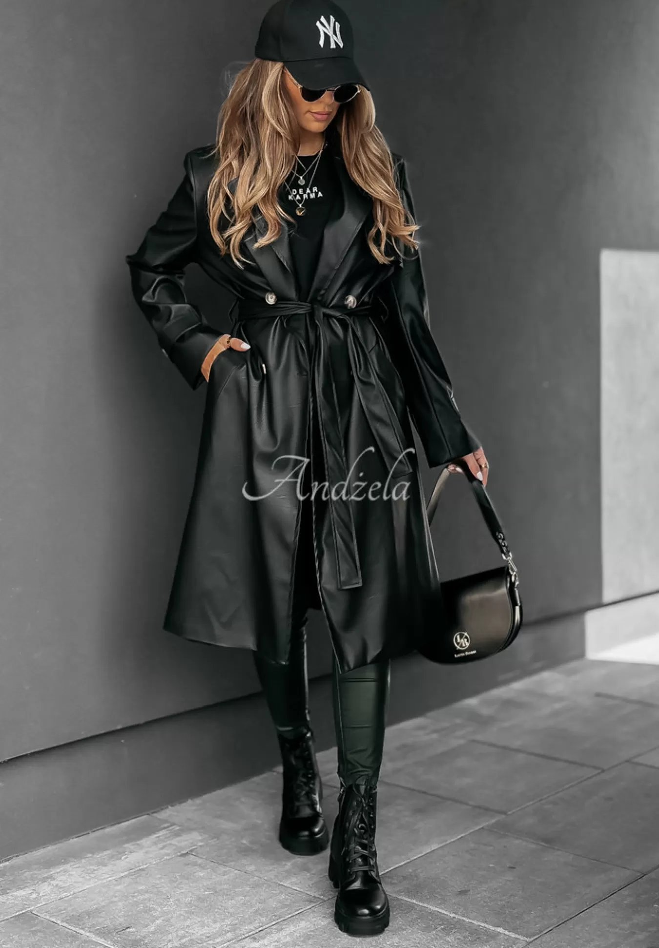 Cheap Dlugi Plaszcz Z Imitacji Skory Fall Into Style Czarny Kobieta Płaszcze