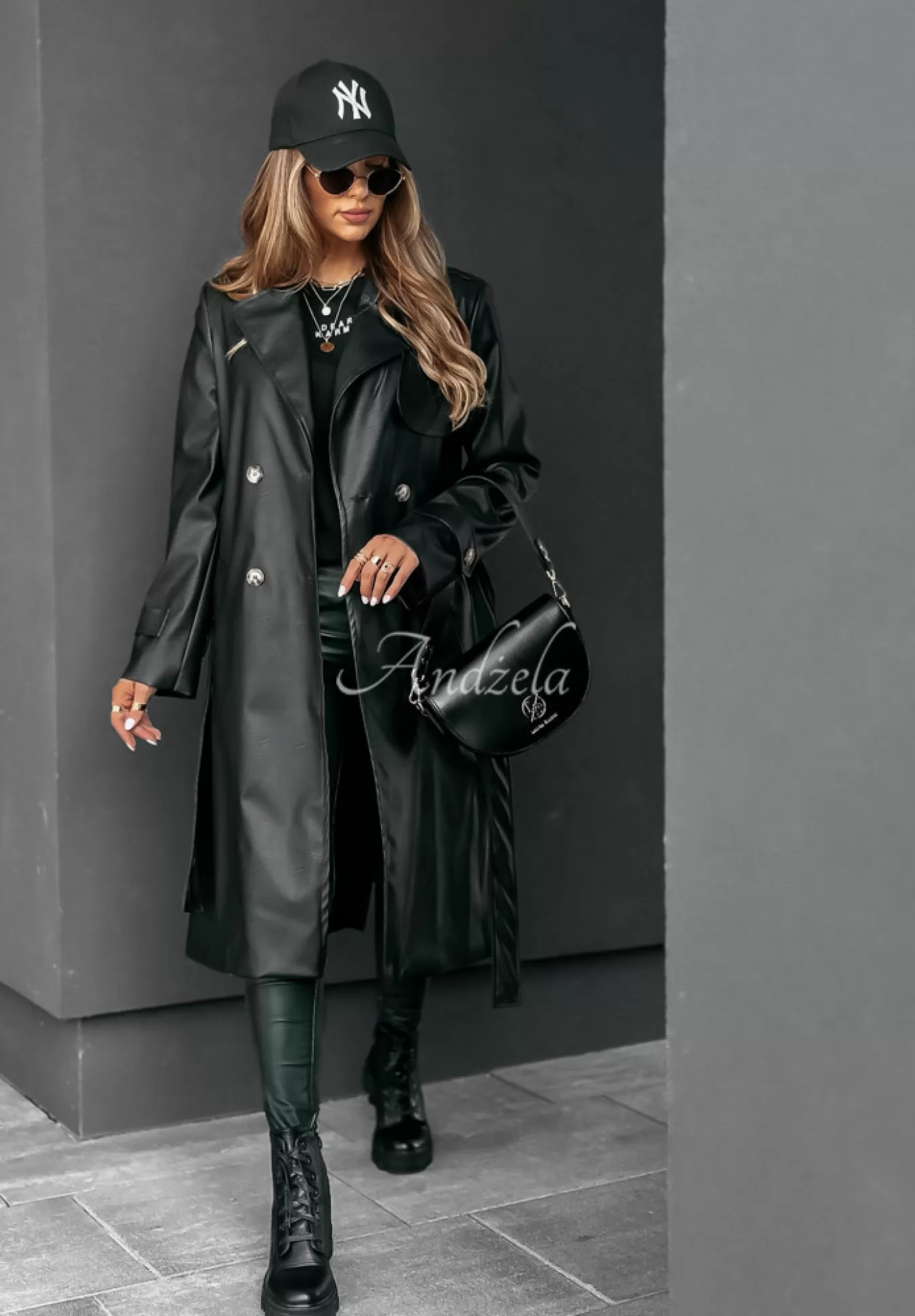 Cheap Dlugi Plaszcz Z Imitacji Skory Fall Into Style Czarny Kobieta Płaszcze