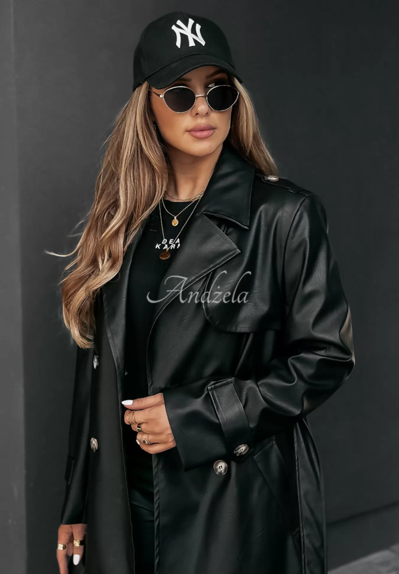 Cheap Dlugi Plaszcz Z Imitacji Skory Fall Into Style Czarny Kobieta Płaszcze