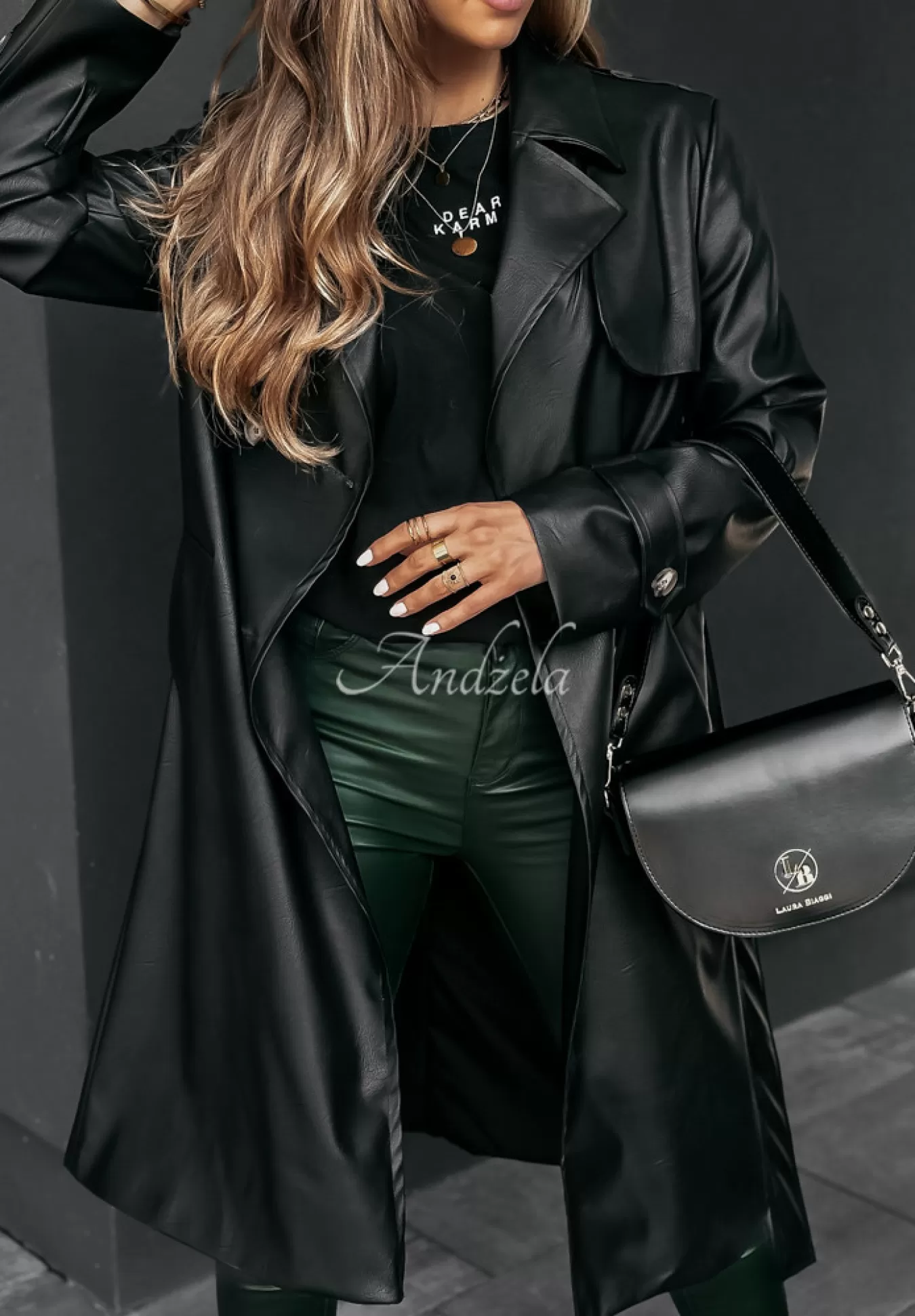 Cheap Dlugi Plaszcz Z Imitacji Skory Fall Into Style Czarny Kobieta Płaszcze