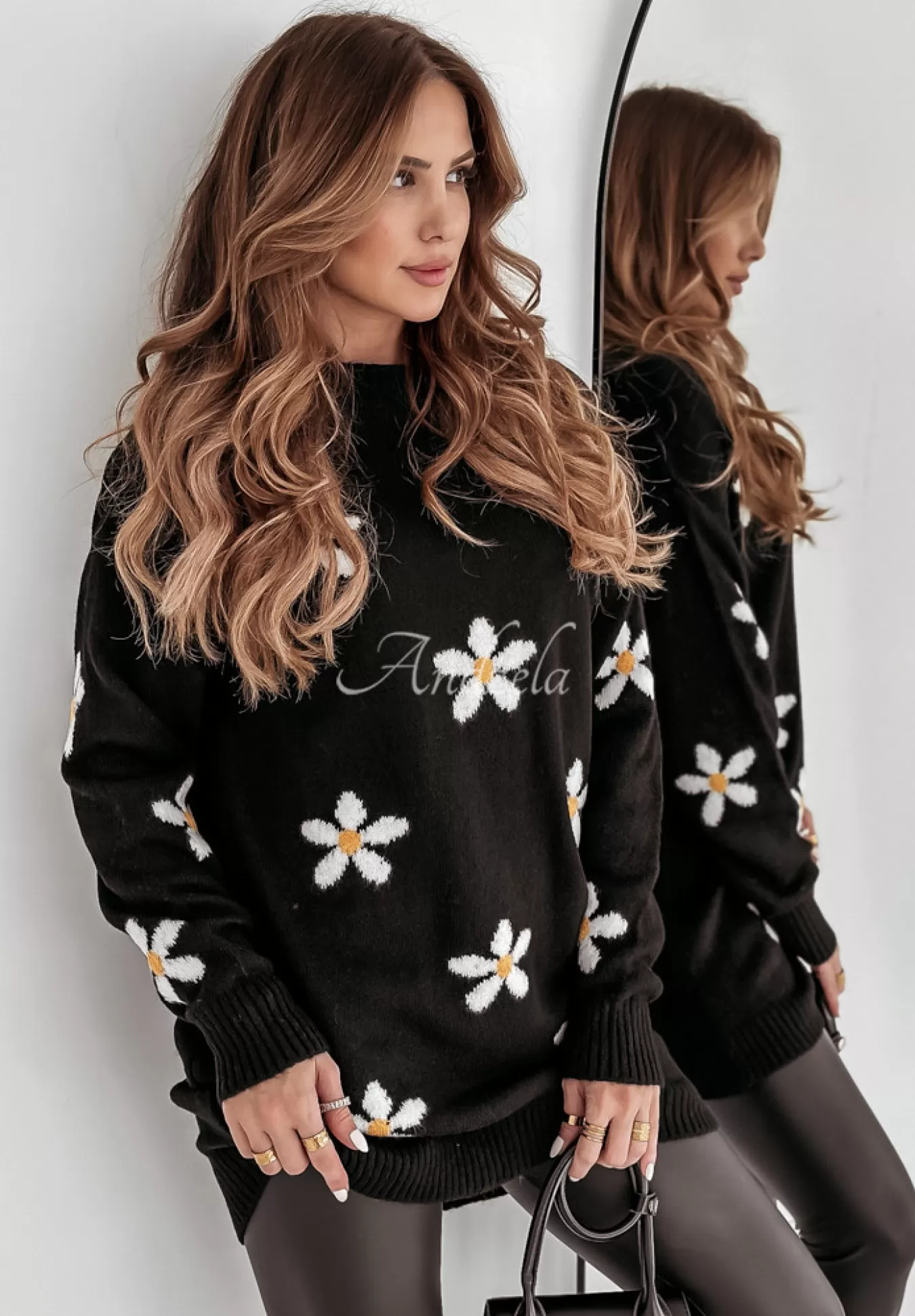 Best Dlugi Sweter W Kwiaty Daisy Delight Czarny Kobieta Swetry