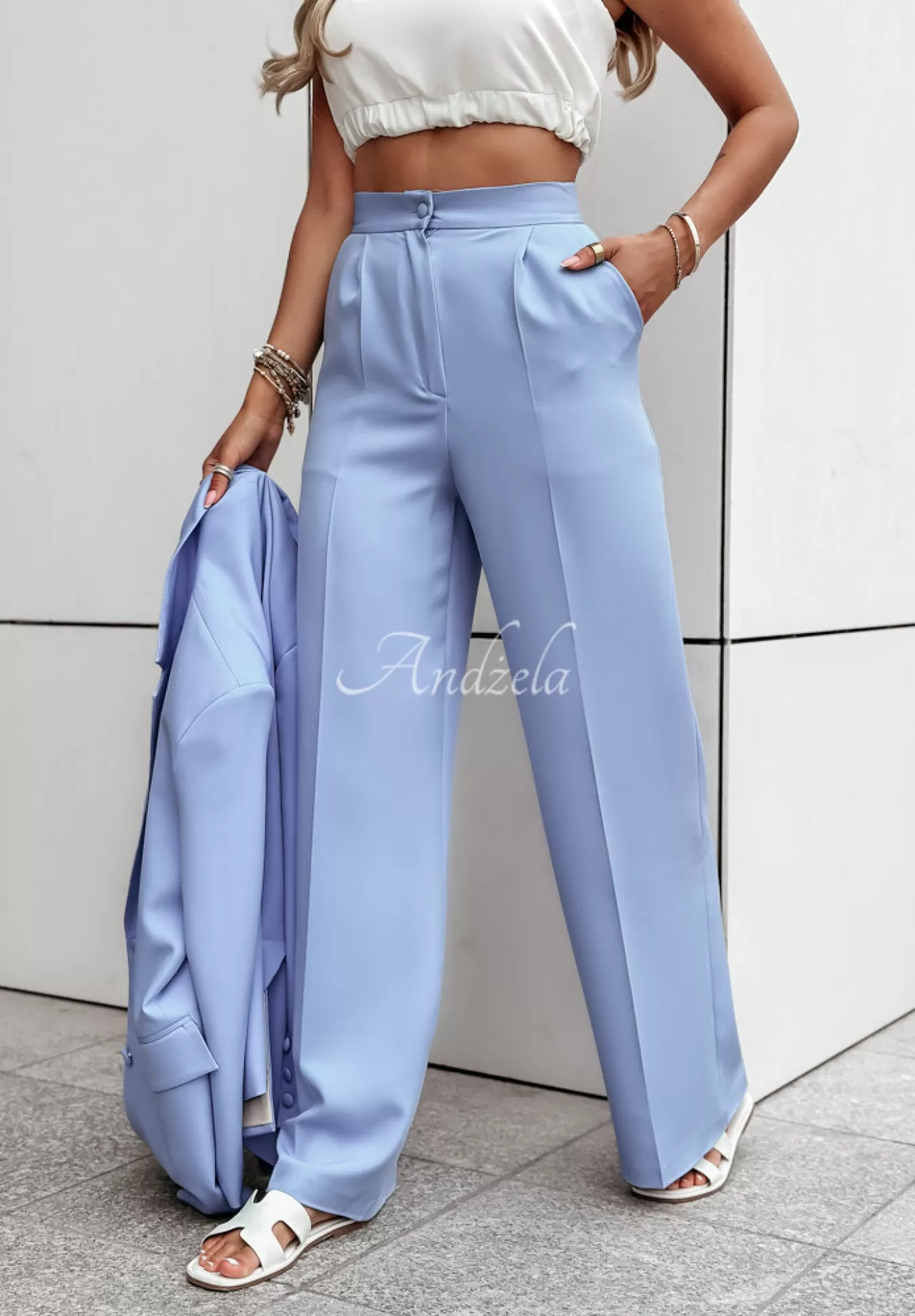 Best Sale Eleganckie Spodnie Wide Leg Think About Me Blekitne Kobieta Garnitury