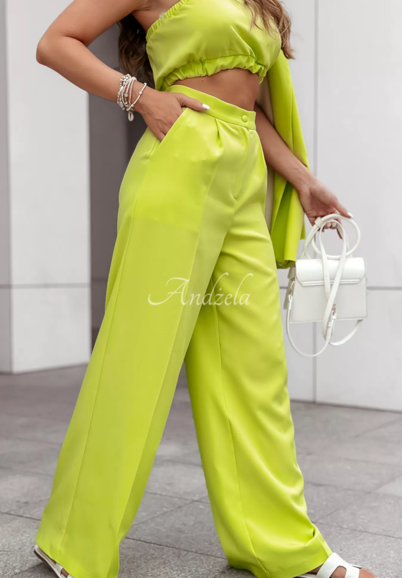 New Eleganckie Spodnie Wide Leg Think About Me Limonkowe Kobieta Garnitury