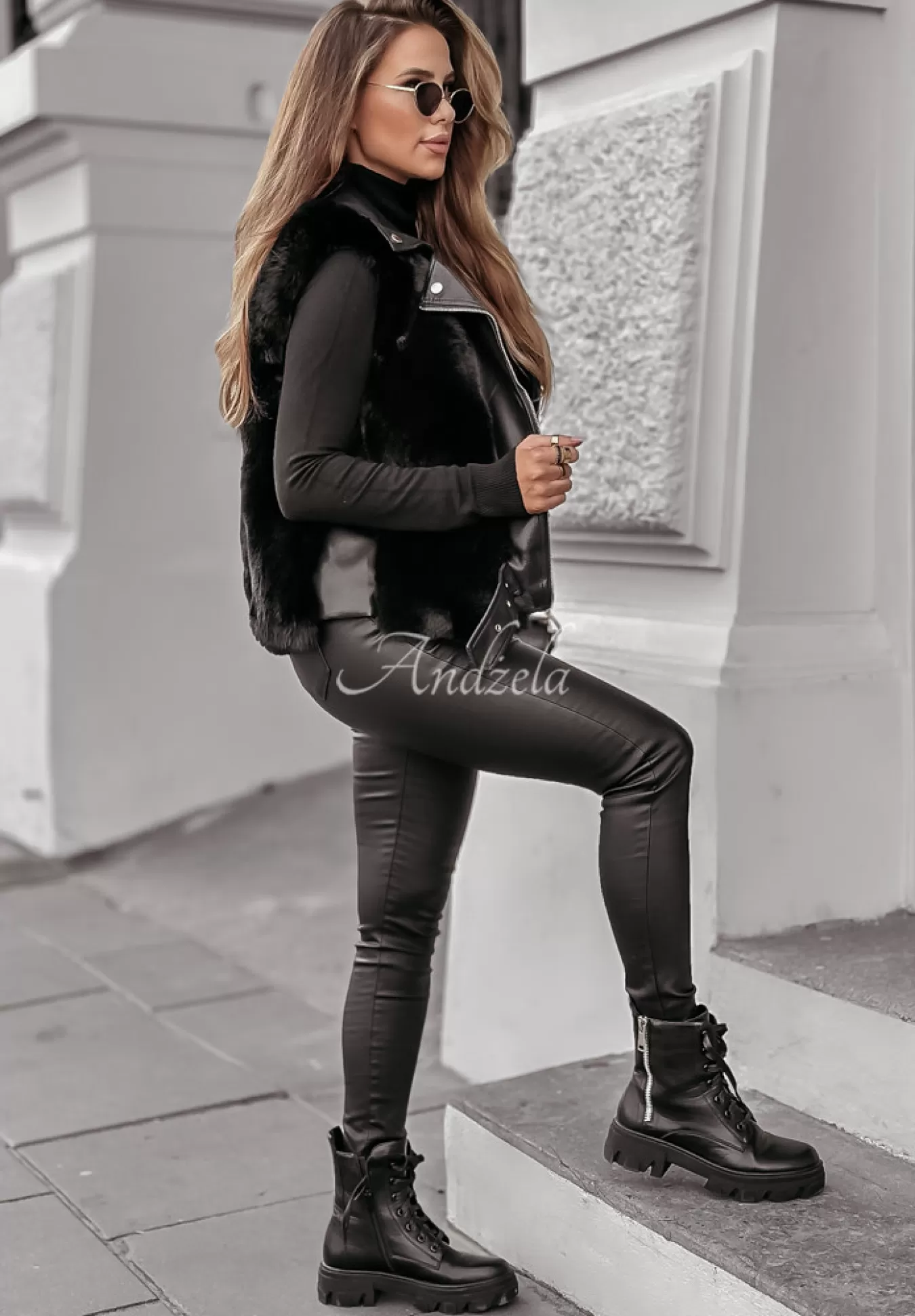 Fashion Kamizelka Z Imitacji Skory Z Futerkiem So Chic Czarna Kobieta Kamizelki