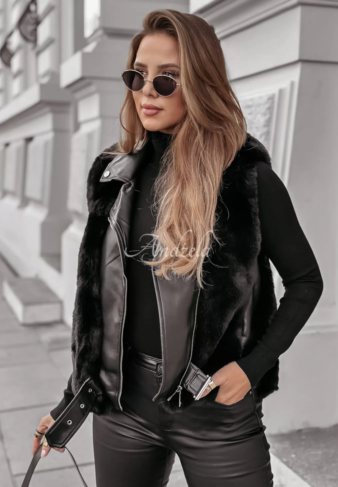 Fashion Kamizelka Z Imitacji Skory Z Futerkiem So Chic Czarna Kobieta Kamizelki