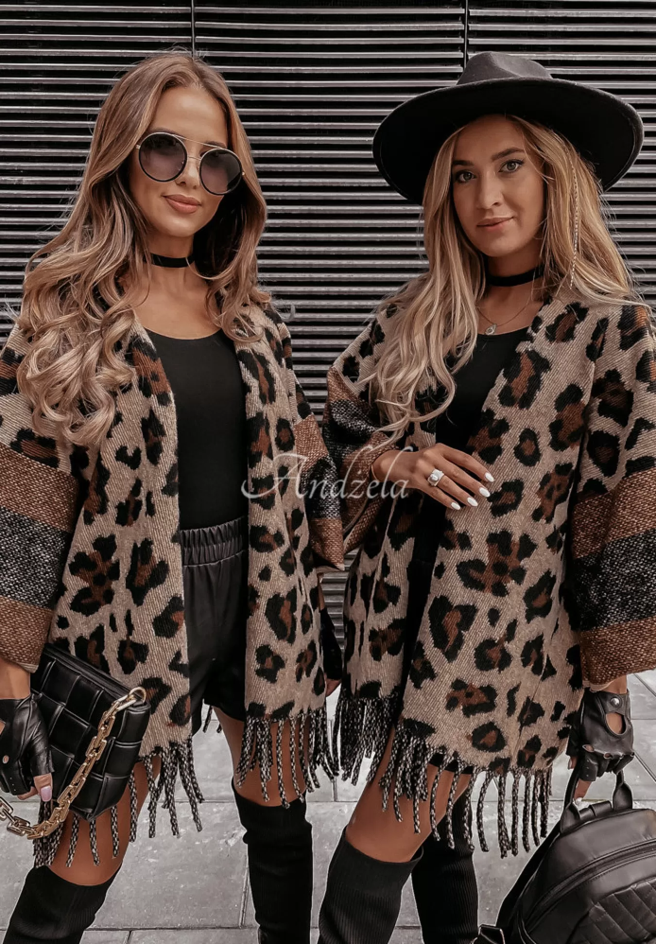 Store Kardigan Ponczo Oversize Z Fredzlami Savannah W Panterke Kobieta Kardigany