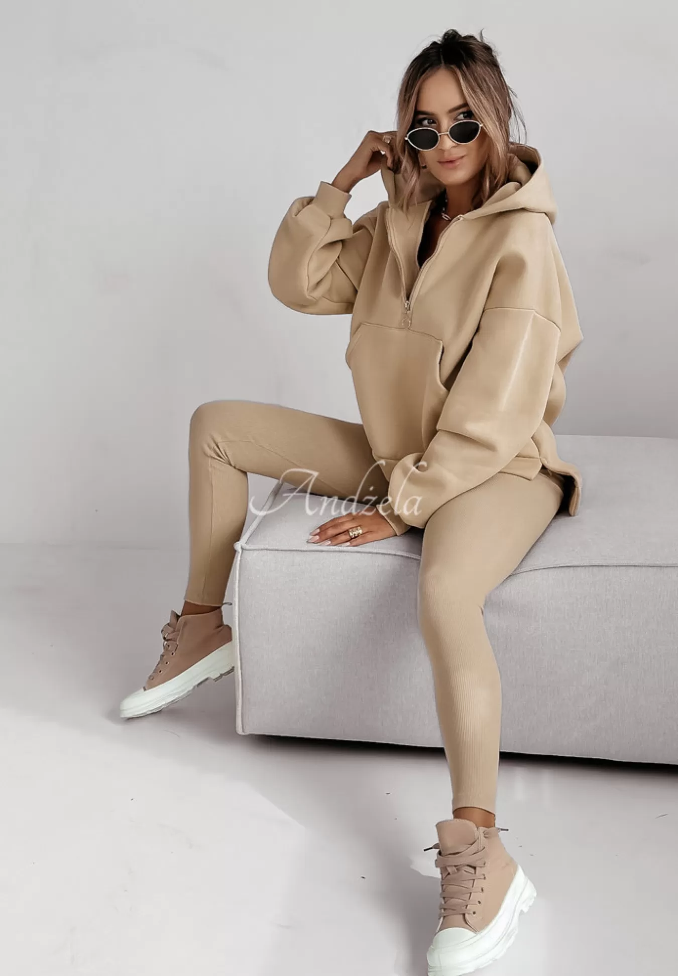 Flash Sale Komplet Dresowy 3In1 Bluza, Legginsy I Top Classic Comfort Bezowy Kobieta Topy