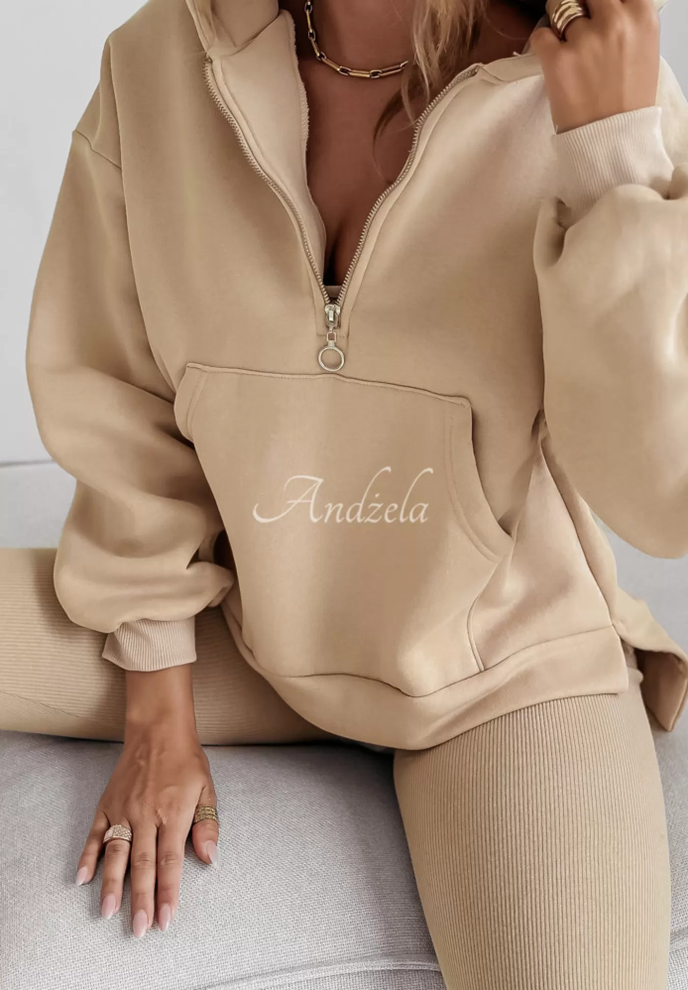 Flash Sale Komplet Dresowy 3In1 Bluza, Legginsy I Top Classic Comfort Bezowy Kobieta Topy