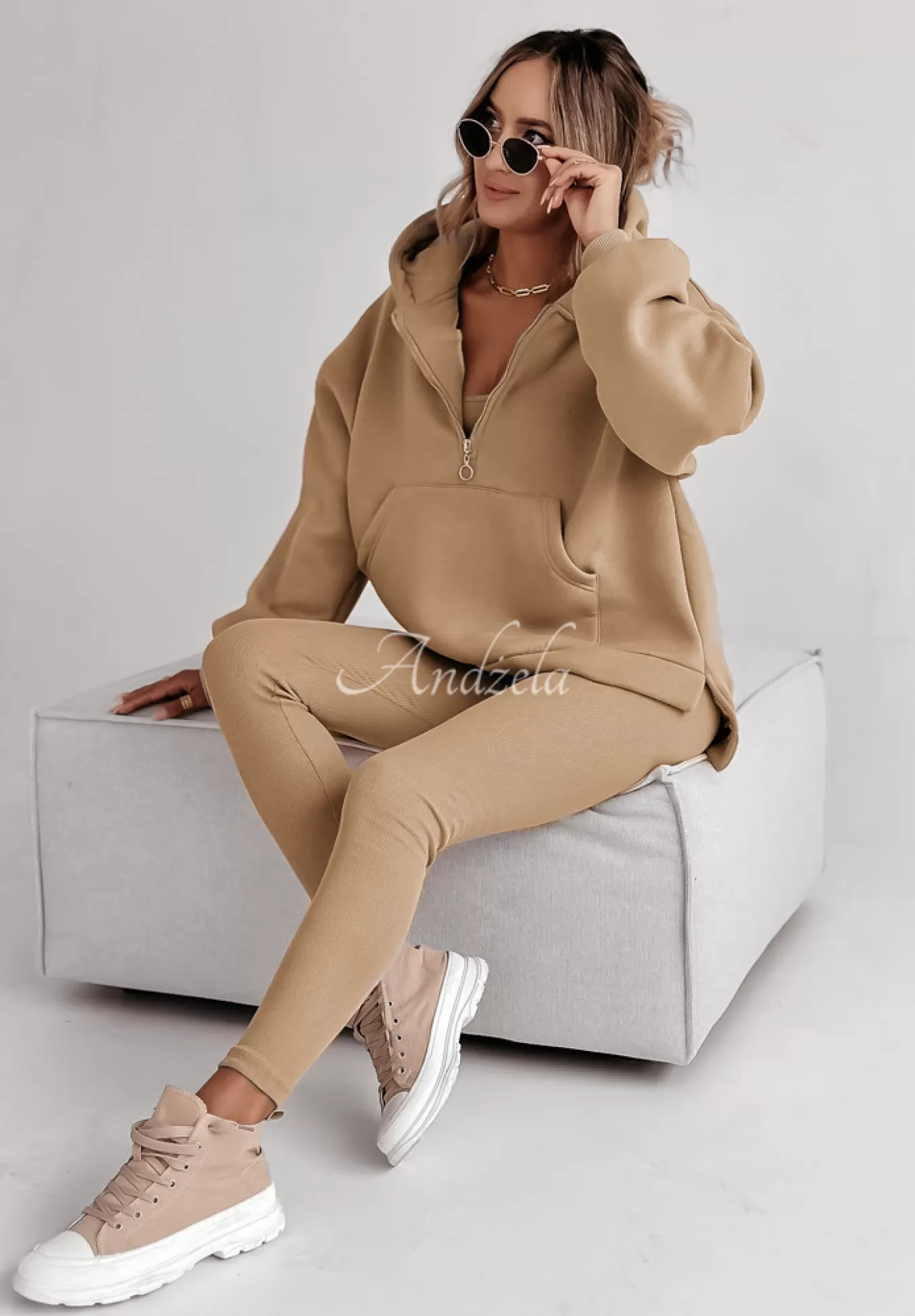 Store Komplet Dresowy 3In1 Bluza, Legginsy I Top Classic Comfort Camelowy Kobieta Topy