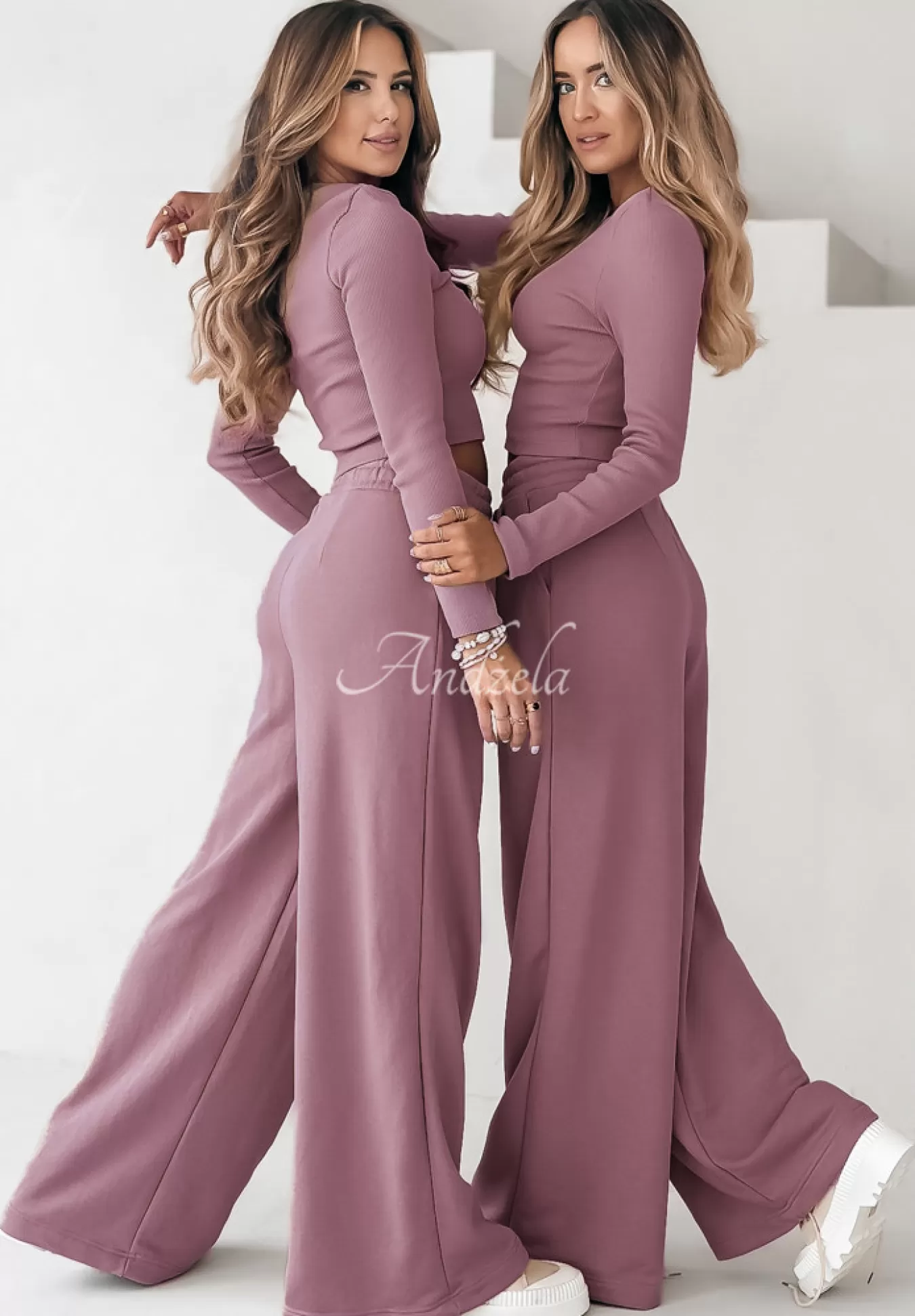 Discount Komplet Prazkowana Bluzka I Spodnie Wide Leg Don'T Stop Brudny Roz Kobieta Bluzki