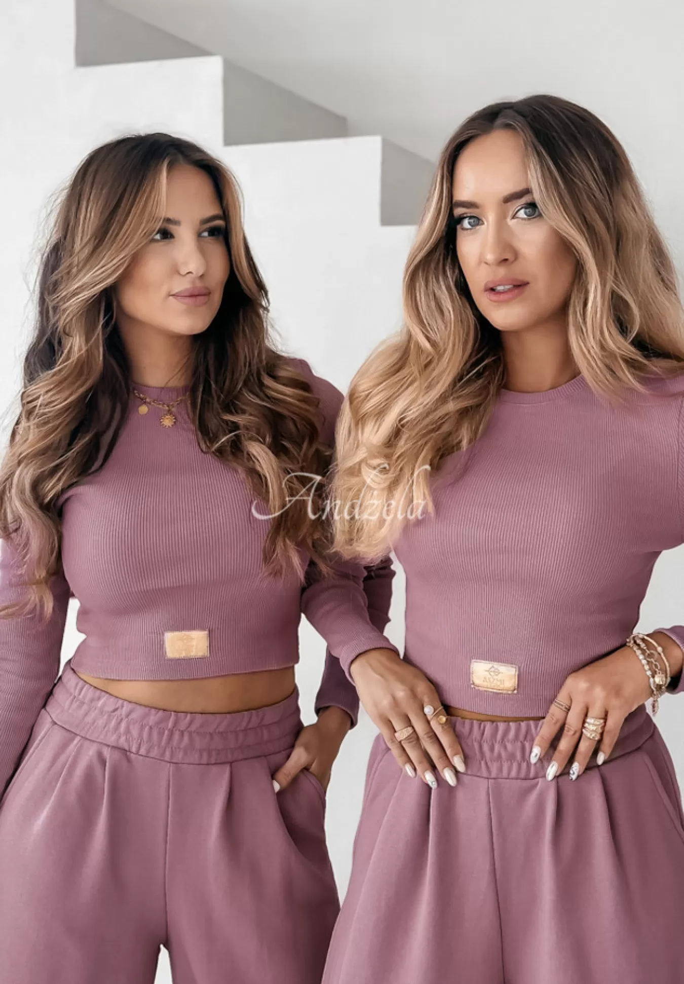 Discount Komplet Prazkowana Bluzka I Spodnie Wide Leg Don'T Stop Brudny Roz Kobieta Bluzki