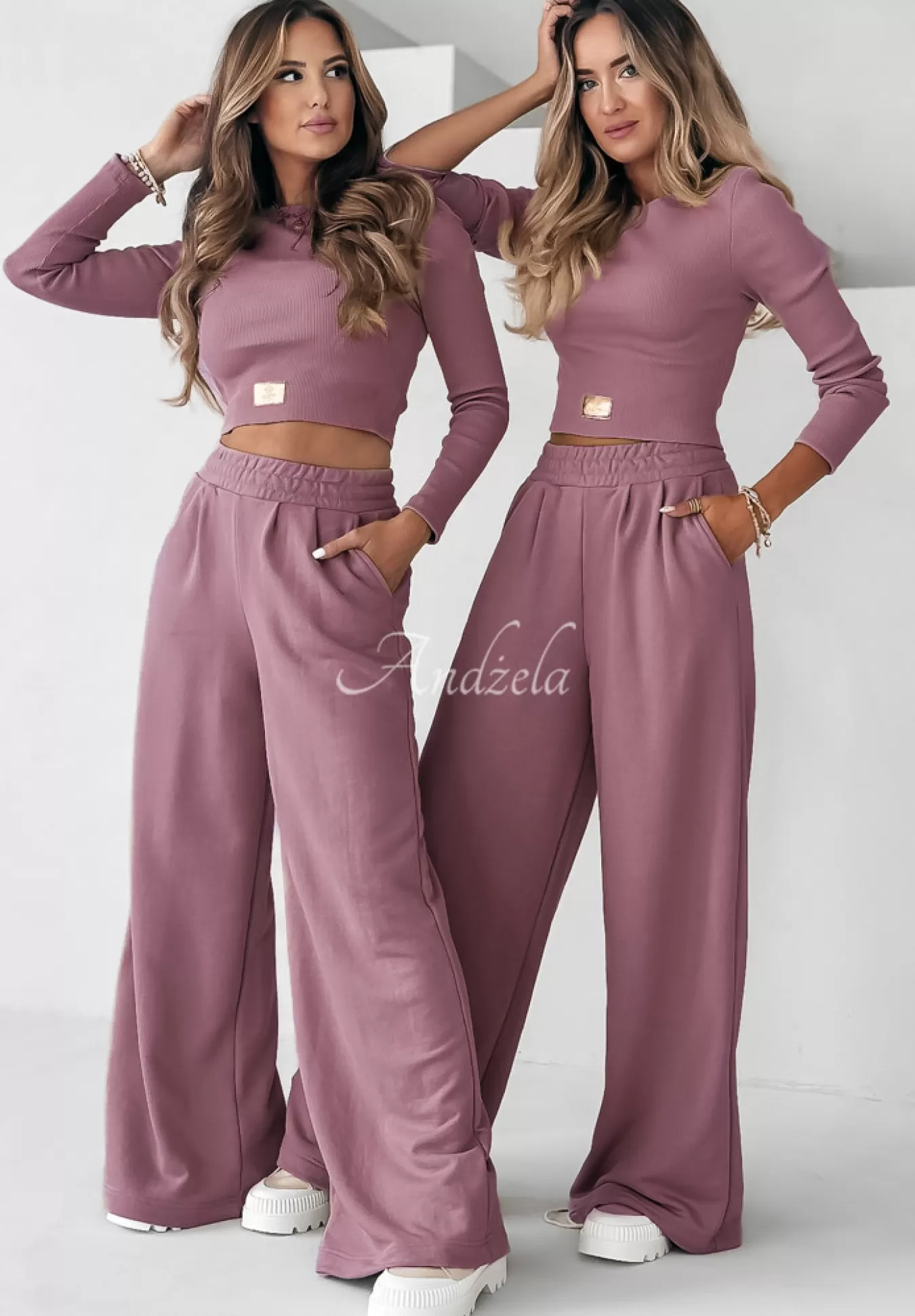 Discount Komplet Prazkowana Bluzka I Spodnie Wide Leg Don'T Stop Brudny Roz Kobieta Bluzki