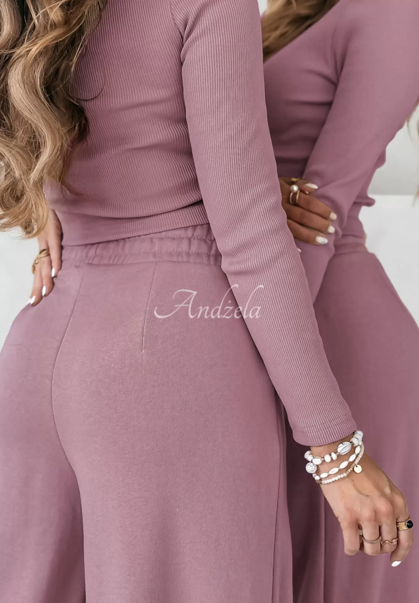 Discount Komplet Prazkowana Bluzka I Spodnie Wide Leg Don'T Stop Brudny Roz Kobieta Bluzki