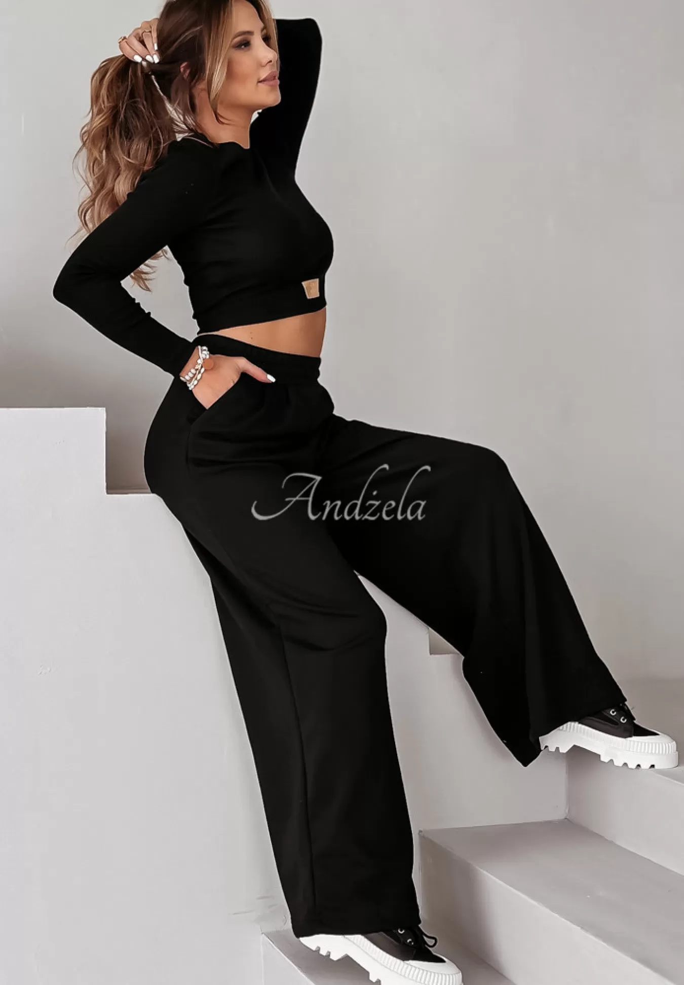 Discount Komplet Prazkowana Bluzka I Spodnie Wide Leg Don'T Stop Czarny Kobieta Bluzki