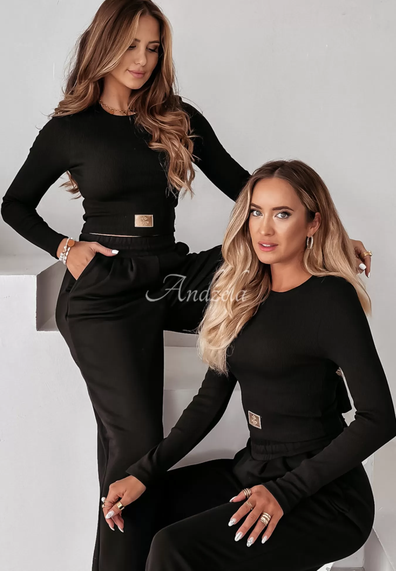 Discount Komplet Prazkowana Bluzka I Spodnie Wide Leg Don'T Stop Czarny Kobieta Bluzki