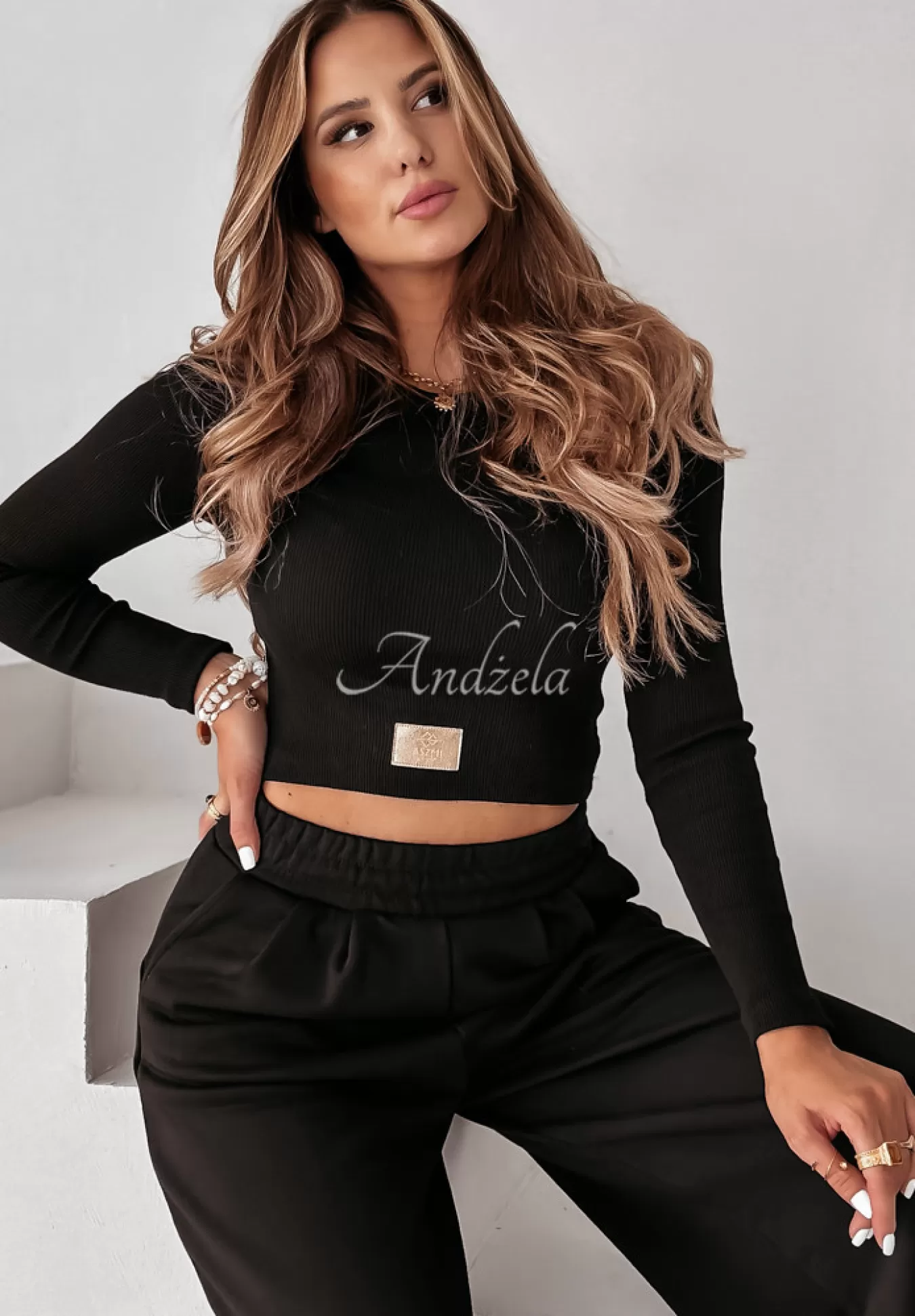 Discount Komplet Prazkowana Bluzka I Spodnie Wide Leg Don'T Stop Czarny Kobieta Bluzki