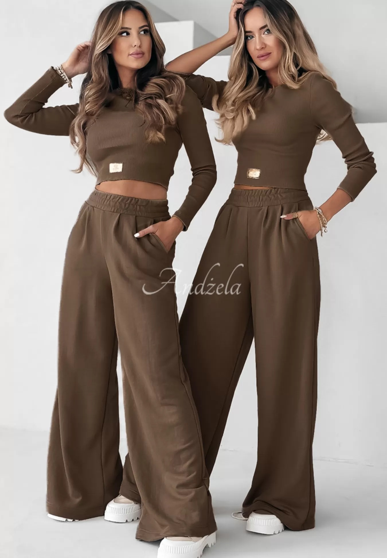 Discount Komplet Prazkowana Bluzka I Spodnie Wide Leg Don'T Stop Czekoladowy Kobieta Bluzki