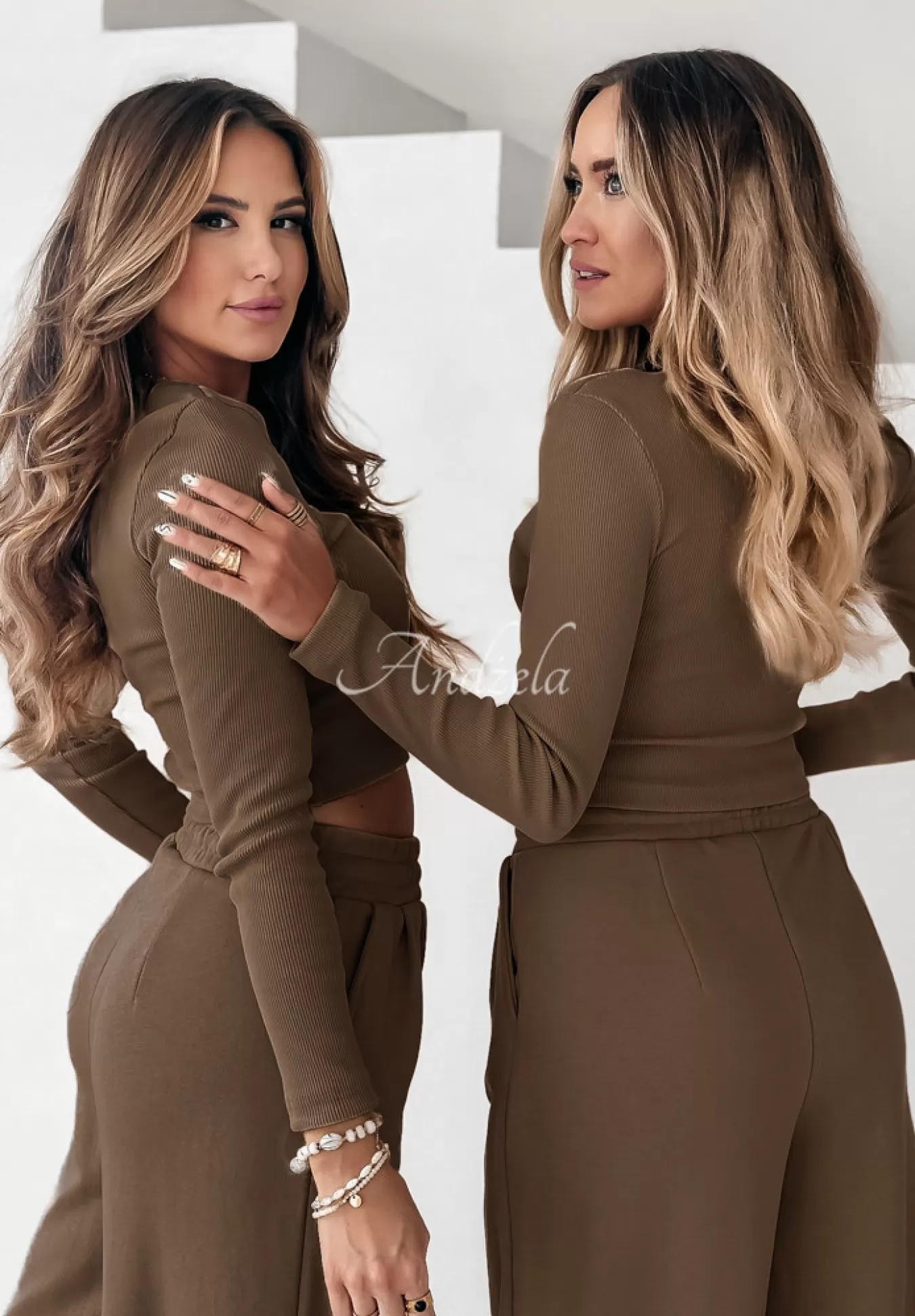 Discount Komplet Prazkowana Bluzka I Spodnie Wide Leg Don'T Stop Czekoladowy Kobieta Bluzki