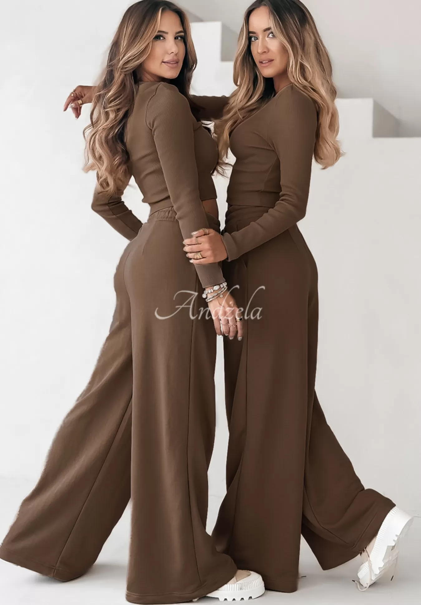 Discount Komplet Prazkowana Bluzka I Spodnie Wide Leg Don'T Stop Czekoladowy Kobieta Bluzki